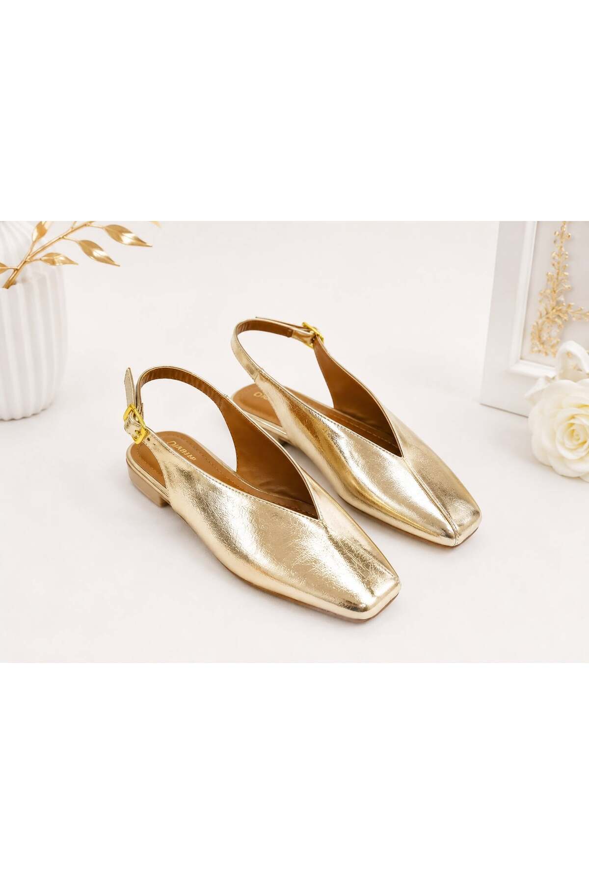 dabab shoes LIVORA Kadın Gold Kare Burun Tokalı Düz Taban Slingback Casual Babet Ayakkabı görsel 3