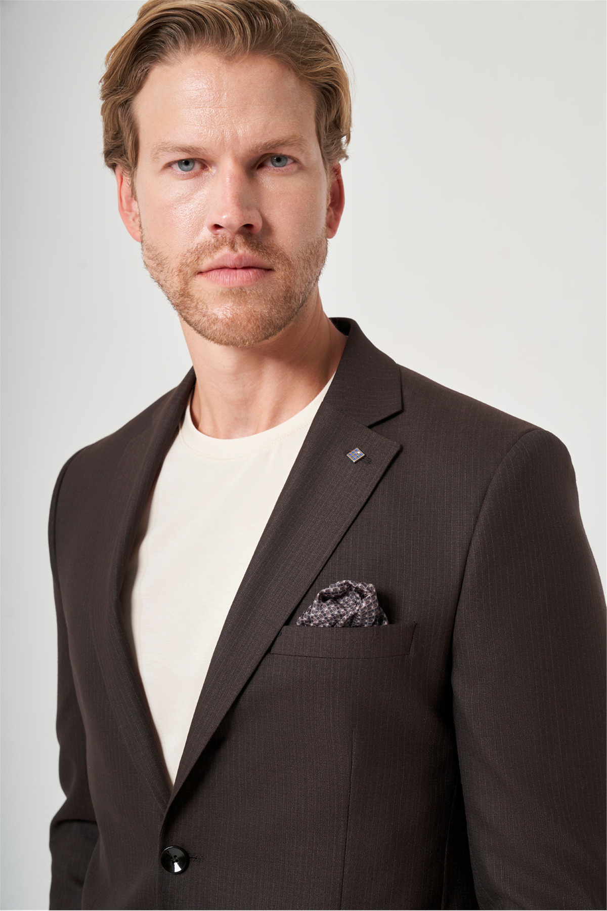 İmza Kahverengi-Antrasit Mono Yaka Çizgili 6 Drop Slim Fit Tam Astar Esnek Takım Elbise 1001260901 görsel 4