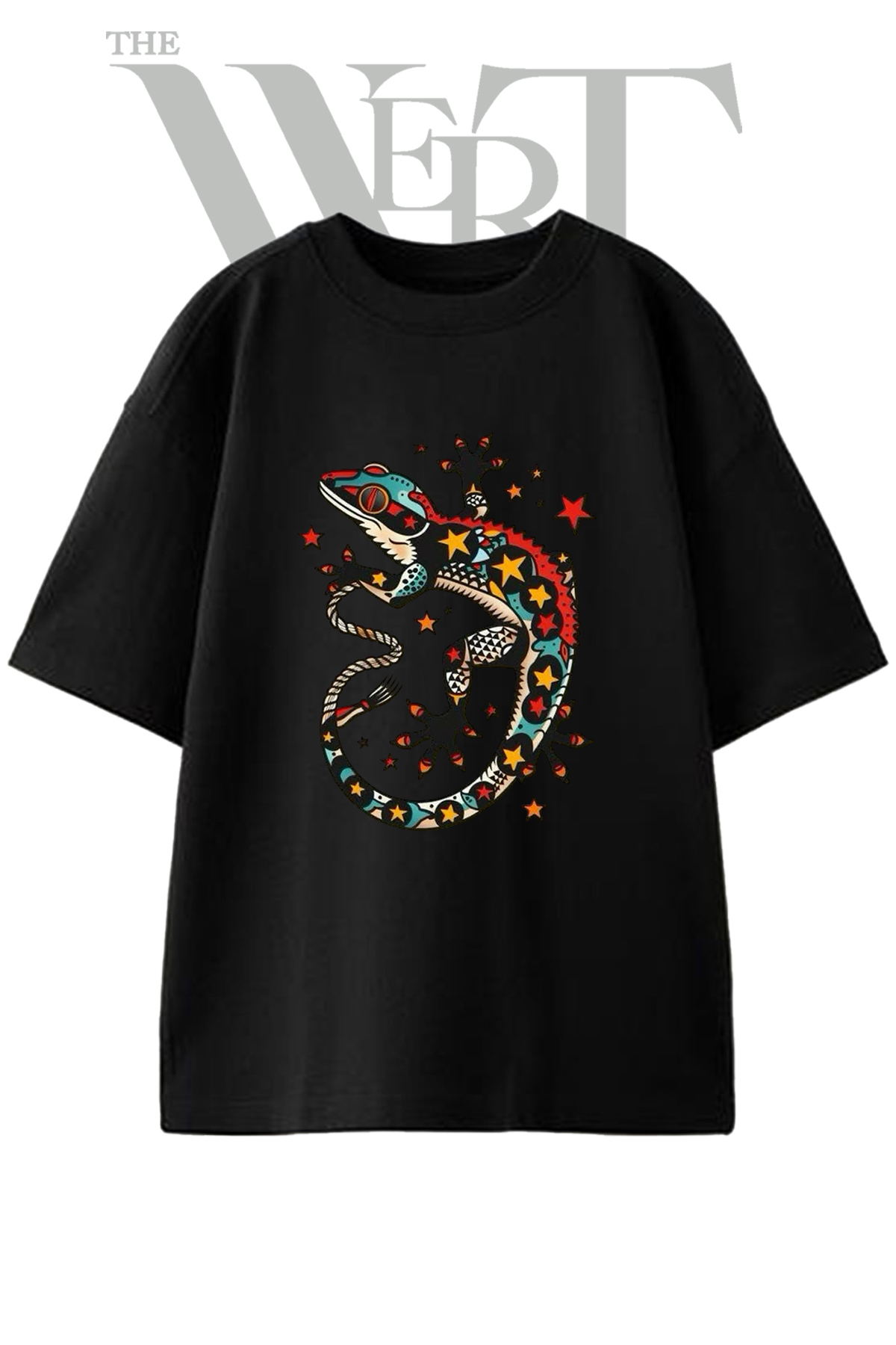 THEWERT Geko Tattoo Design Printed Unisex Black Oversize T-Shirt