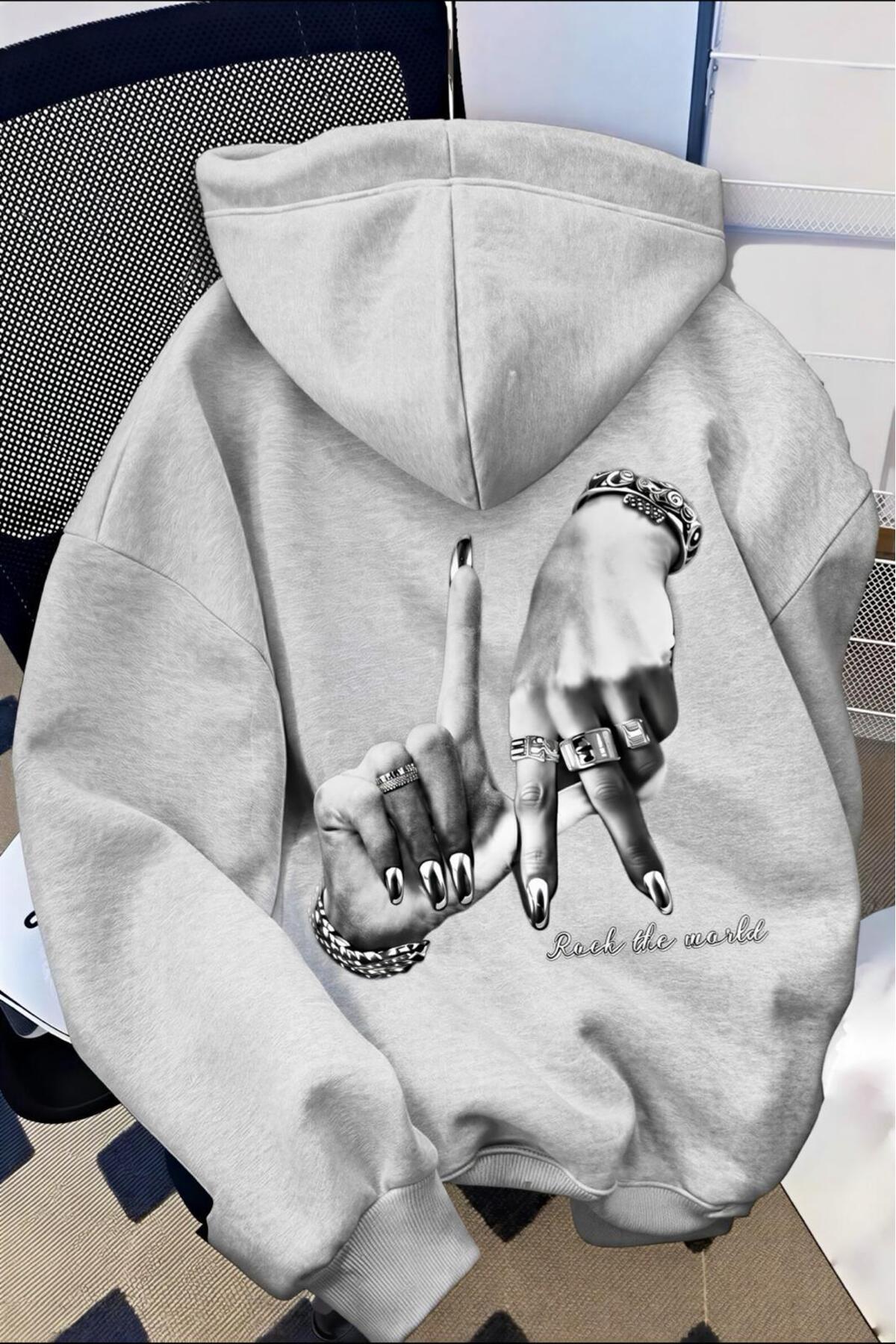 Oksit Unisex Oversize LA Rückenbedrucktes „Rock The World“ Kapuzen-Sweatshirt...