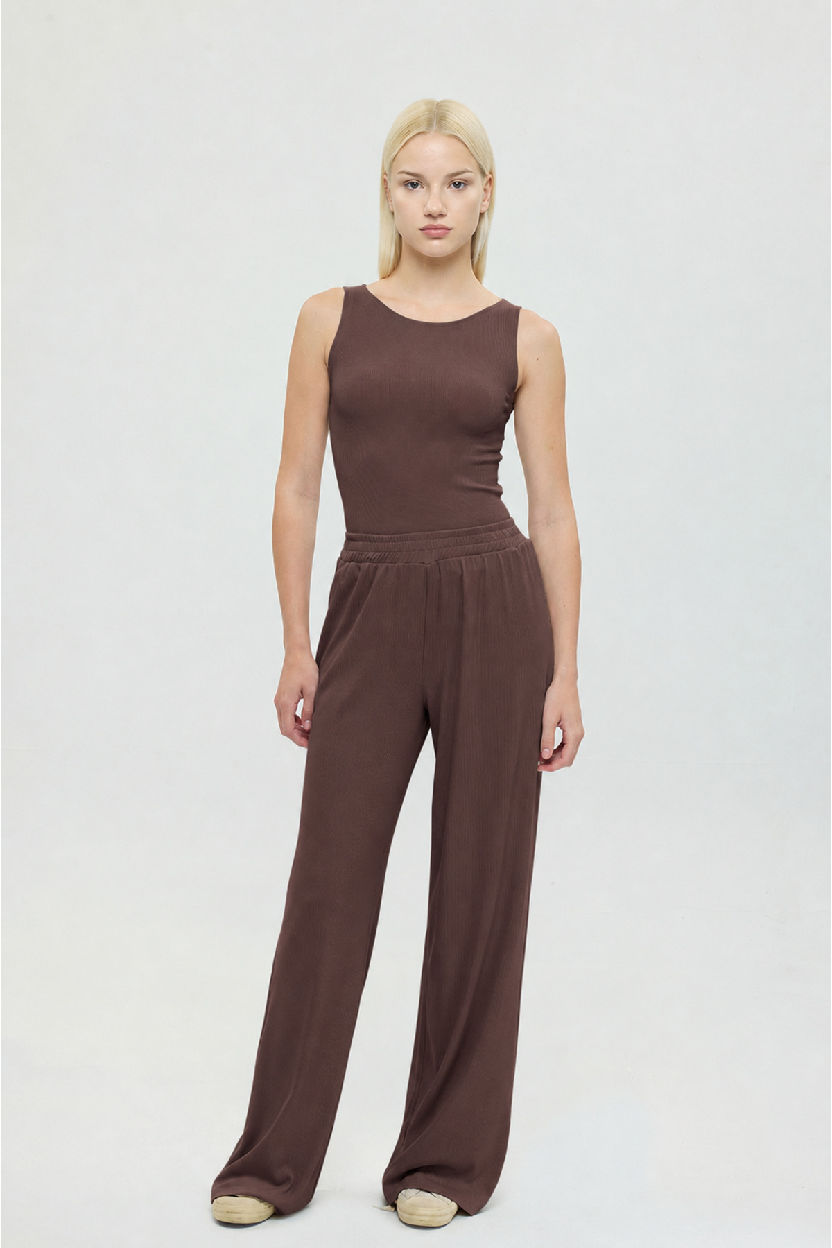 SHEISMONO Soft Rib Düz Kesim Bol Pantolon Kahverengi