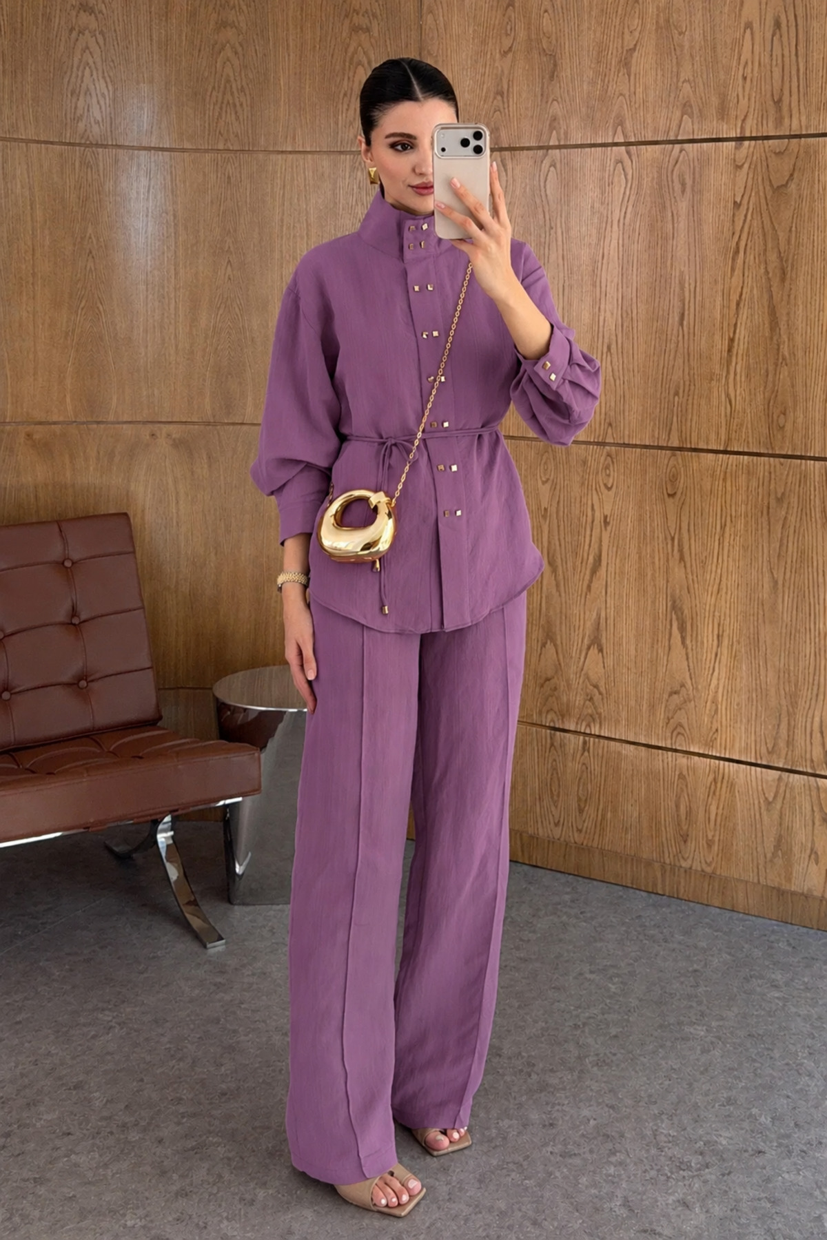 My Blog Cherry Color Square Gold Buttoned Shirt and Trousers Set - 2Y51348