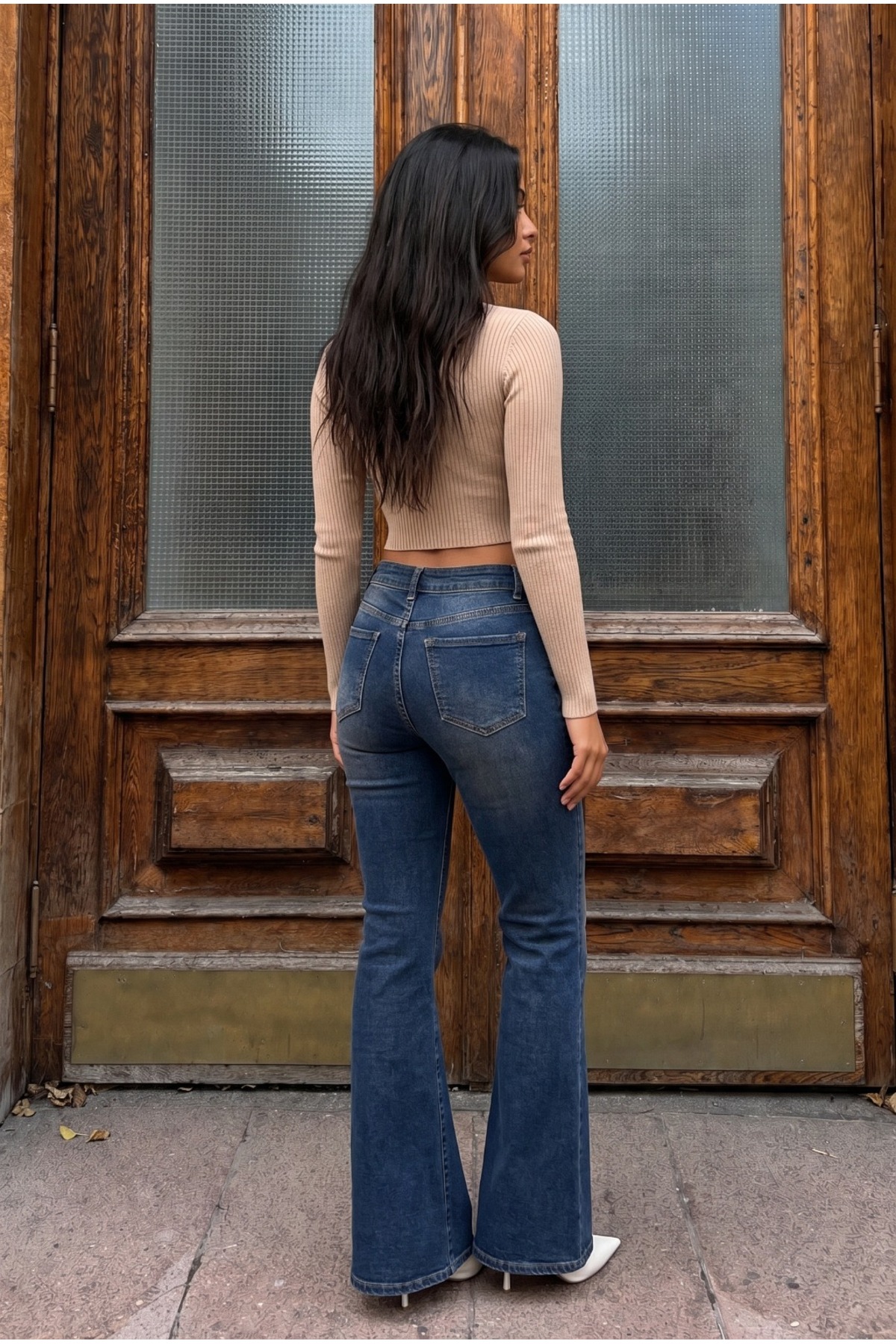 Yüksek Bel Esnek/Likralı Çan Paça Jeans Koyu Lacivert 8