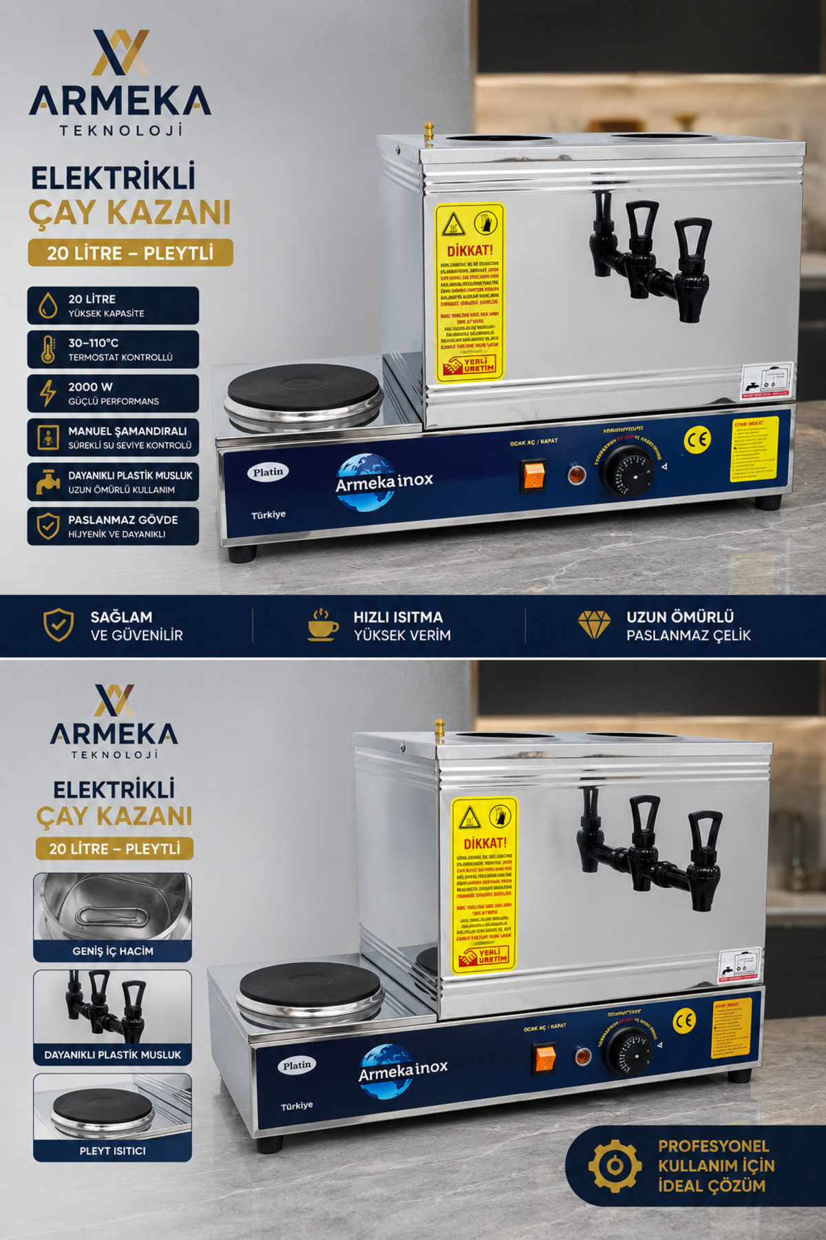 Armeka Çay Kazanı Plastik Musluklu Pleytli Çay Ocağı 20 Litre