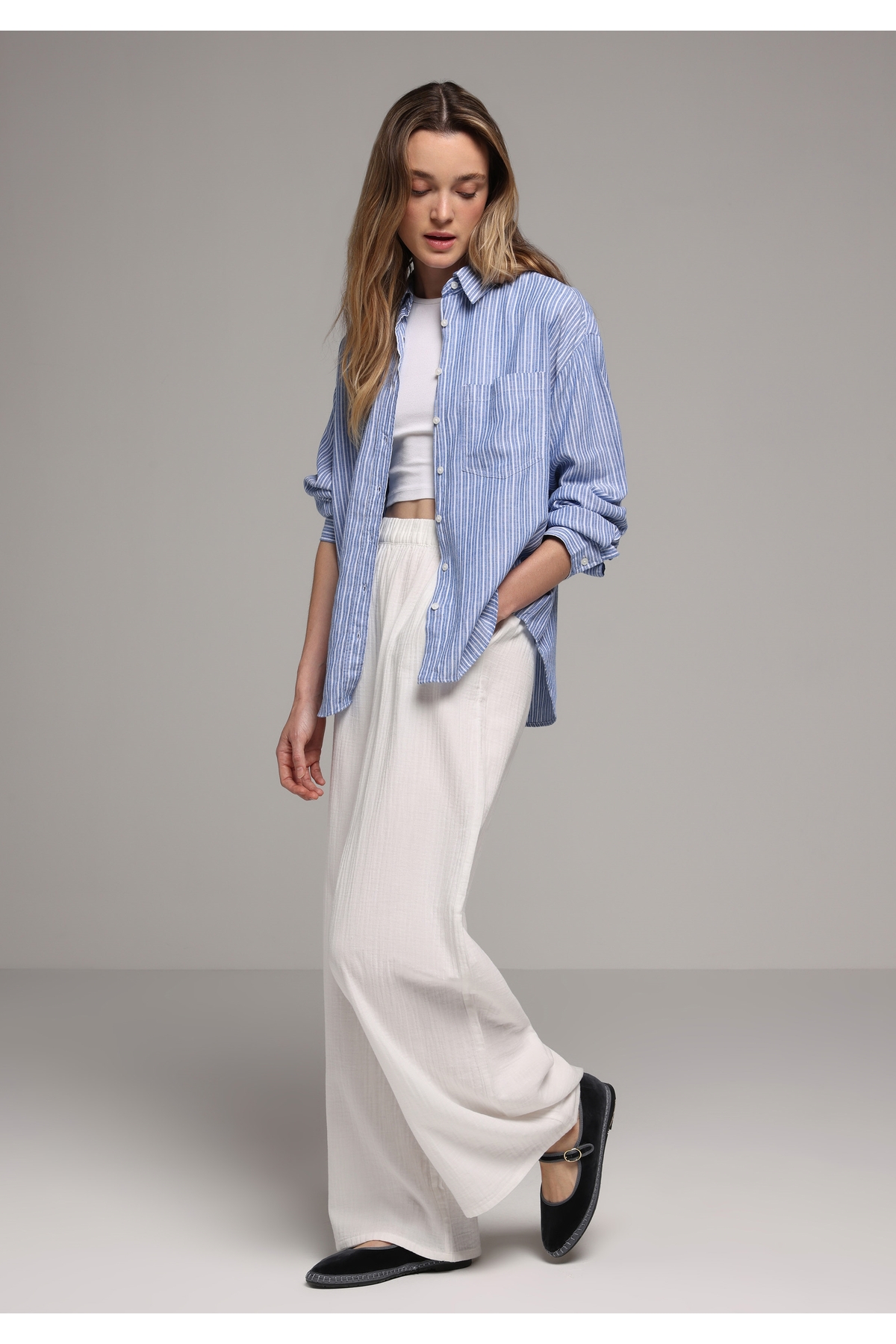 Boyfriend Fit Shirt Neck Çizgili Kadın Mavi Uzun Kol Gömlek