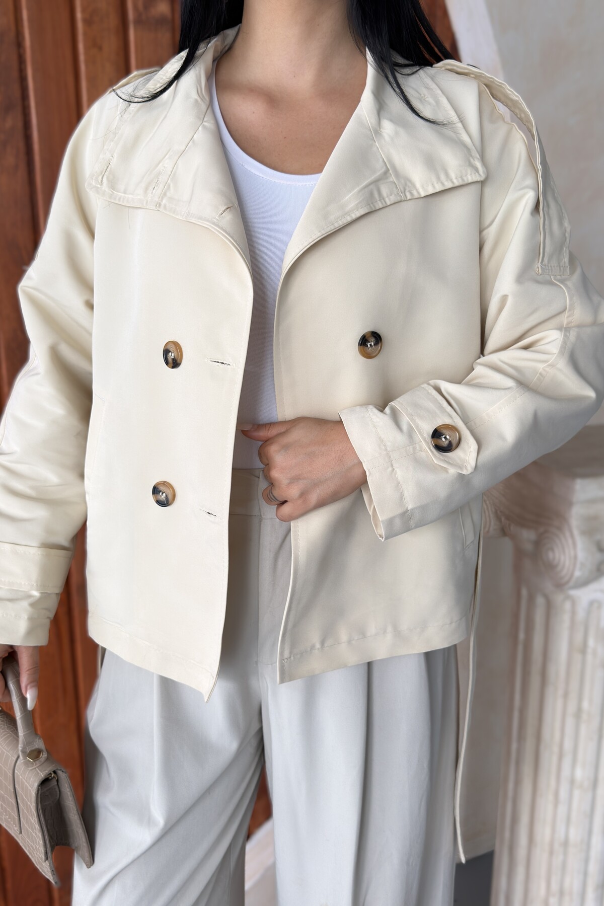 moda armanc Kadın Dik Yaka Trençkot Ceket - Kuşaklı Kruvaze Düğmeli Trenç görsel 7