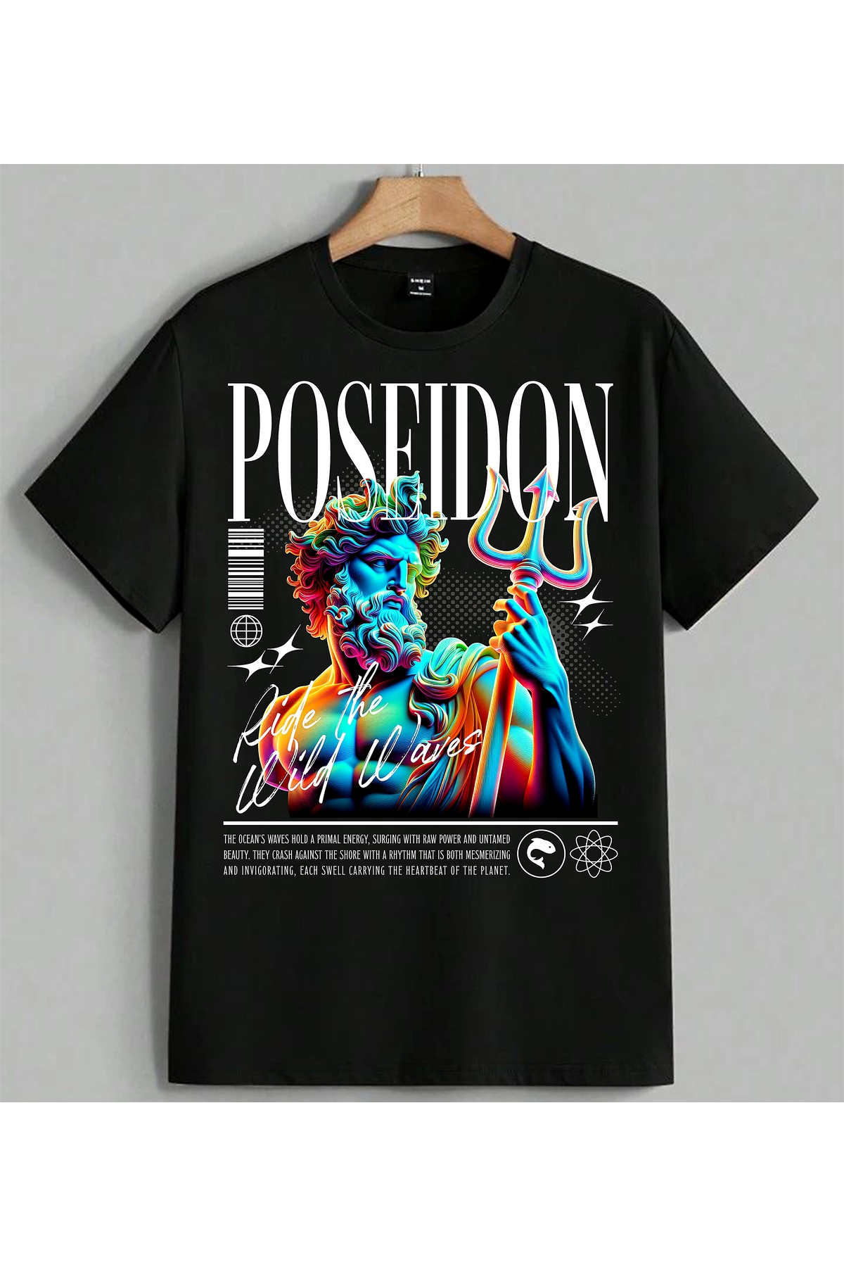 ELFERA Poseidon Mythology Colorful Printed Unisex Oversize T-Shirt Black