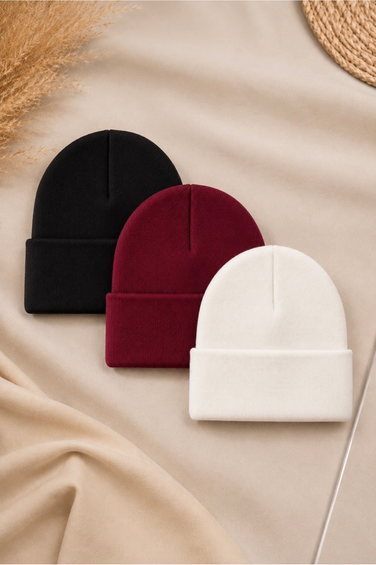 KAR-KIŞ ACCESSORIES UNISEX Siyah-Bordo-Beyaz LUX 3’LÜ BERE SET görsel 2