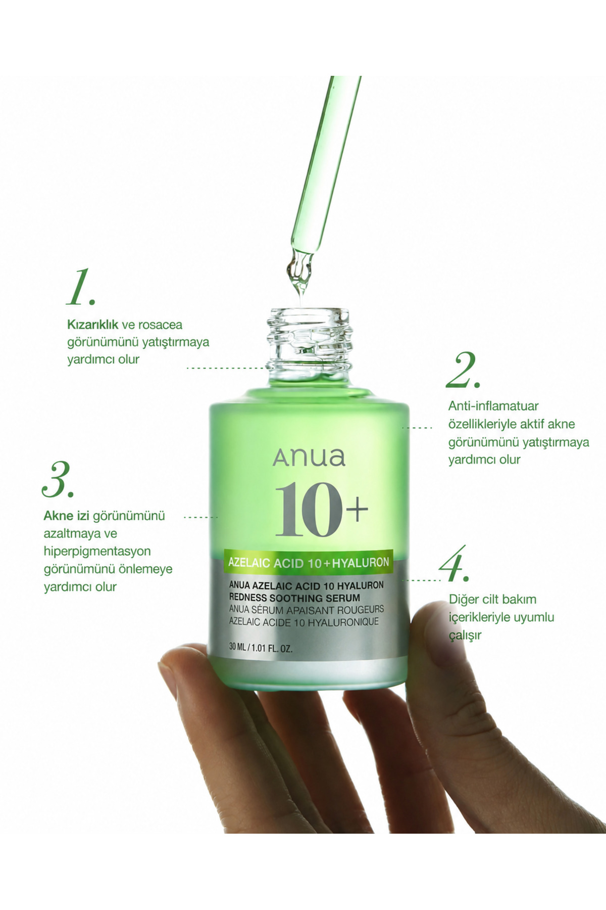 Azelaik Asit 10 Hyaluron Redness Serum 30 ml – Kızarıklık, Leke ve Cilt Tonu Eşitsizliği Serumu %100 Orj. - Azelaic Acid — YSKIZN-Az — تصویر 4 از 4