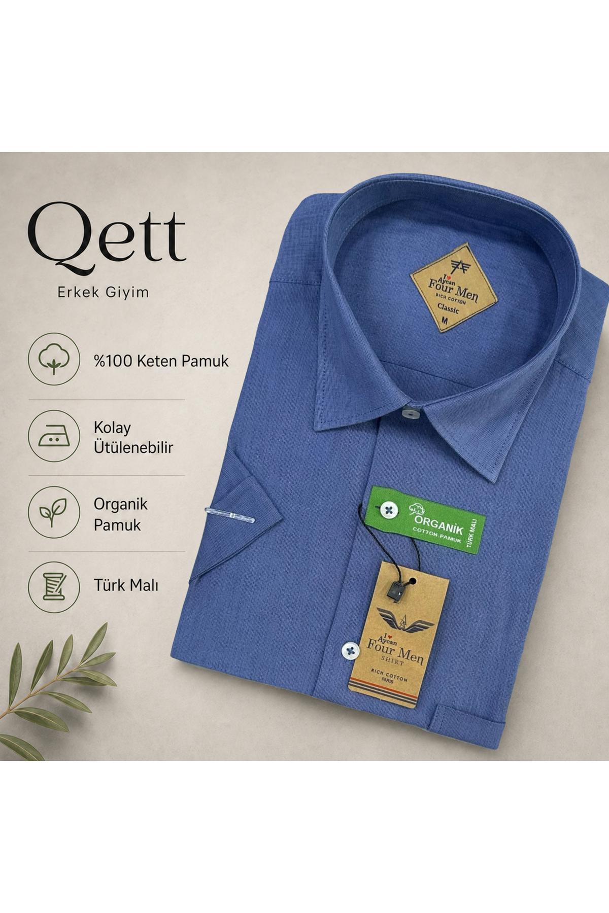 Qett Kısa Kol Regular Kesim Düğmeli Yaka Pamuk Nefes Alabilen Keten Görünümlü Gömlek Büyük Beden görsel 2