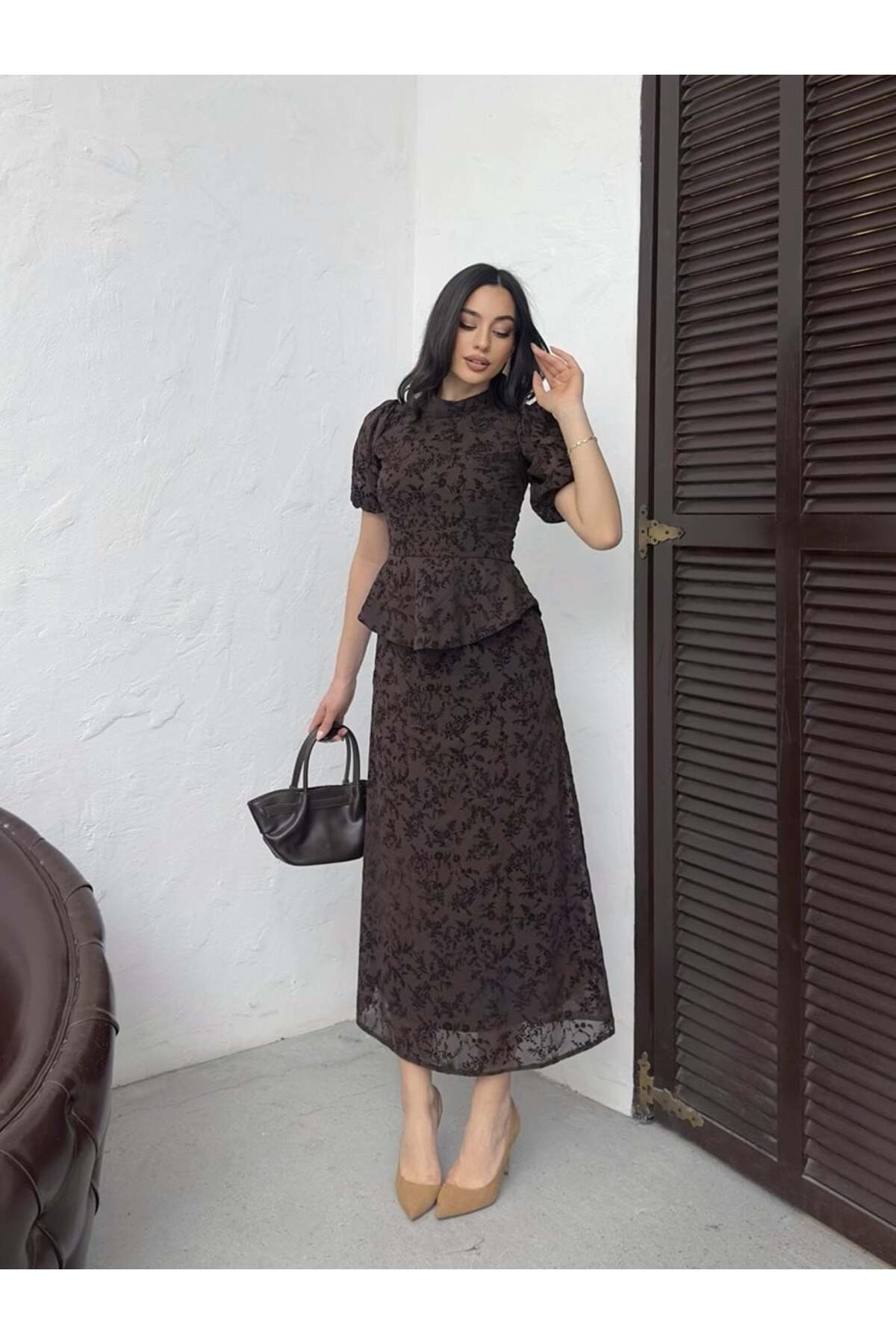Clothes Fast Kadın BLACK - SİYAH Midi Elbise Dik Yaka Balon Kol Volanlı Çiçek Desenli Şifon görsel 2