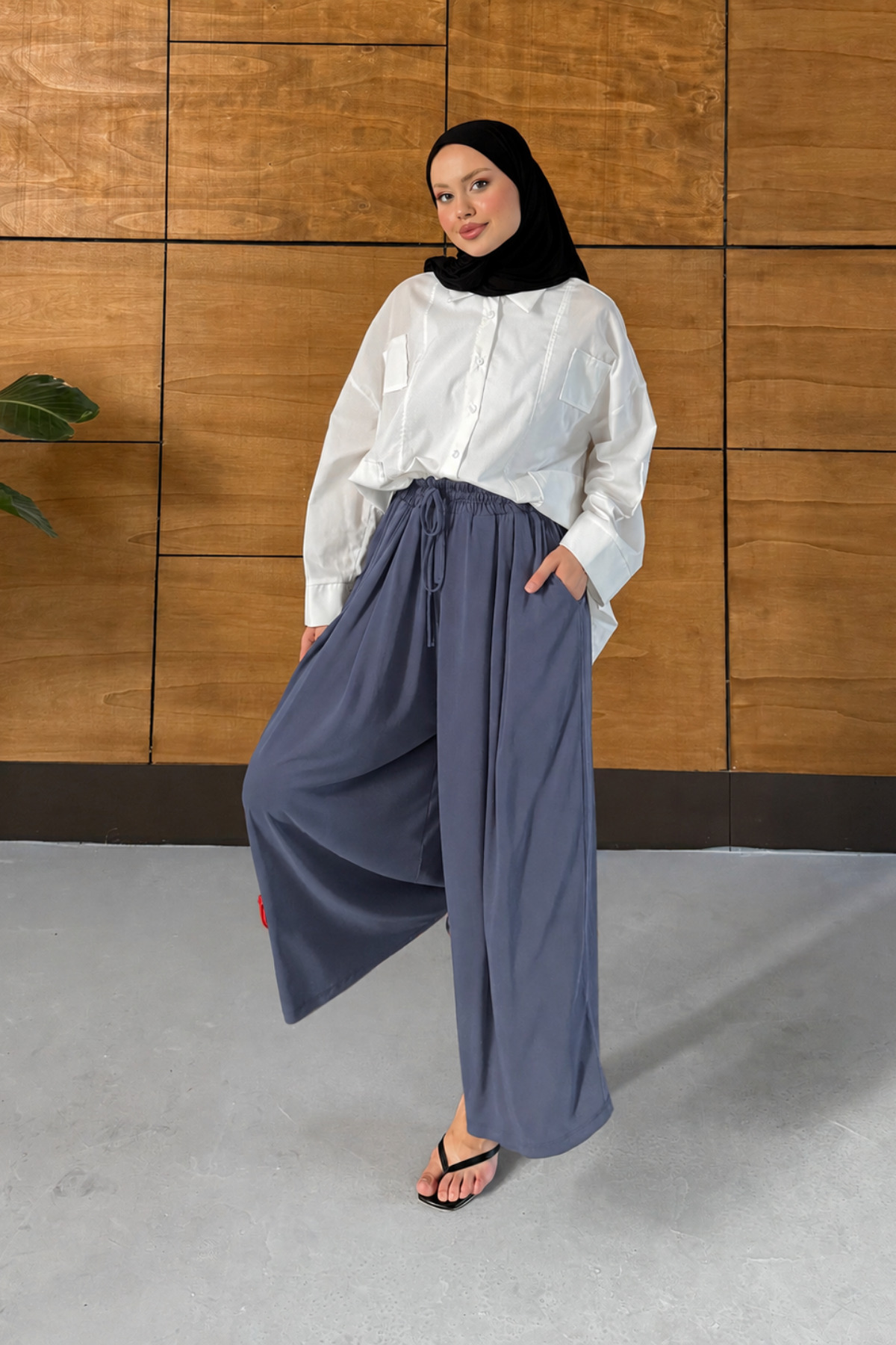 Miss Allos Beli Lastikli Geniş Paça Dökümlü Modal Kumaş Etekli Pantolon görsel 4