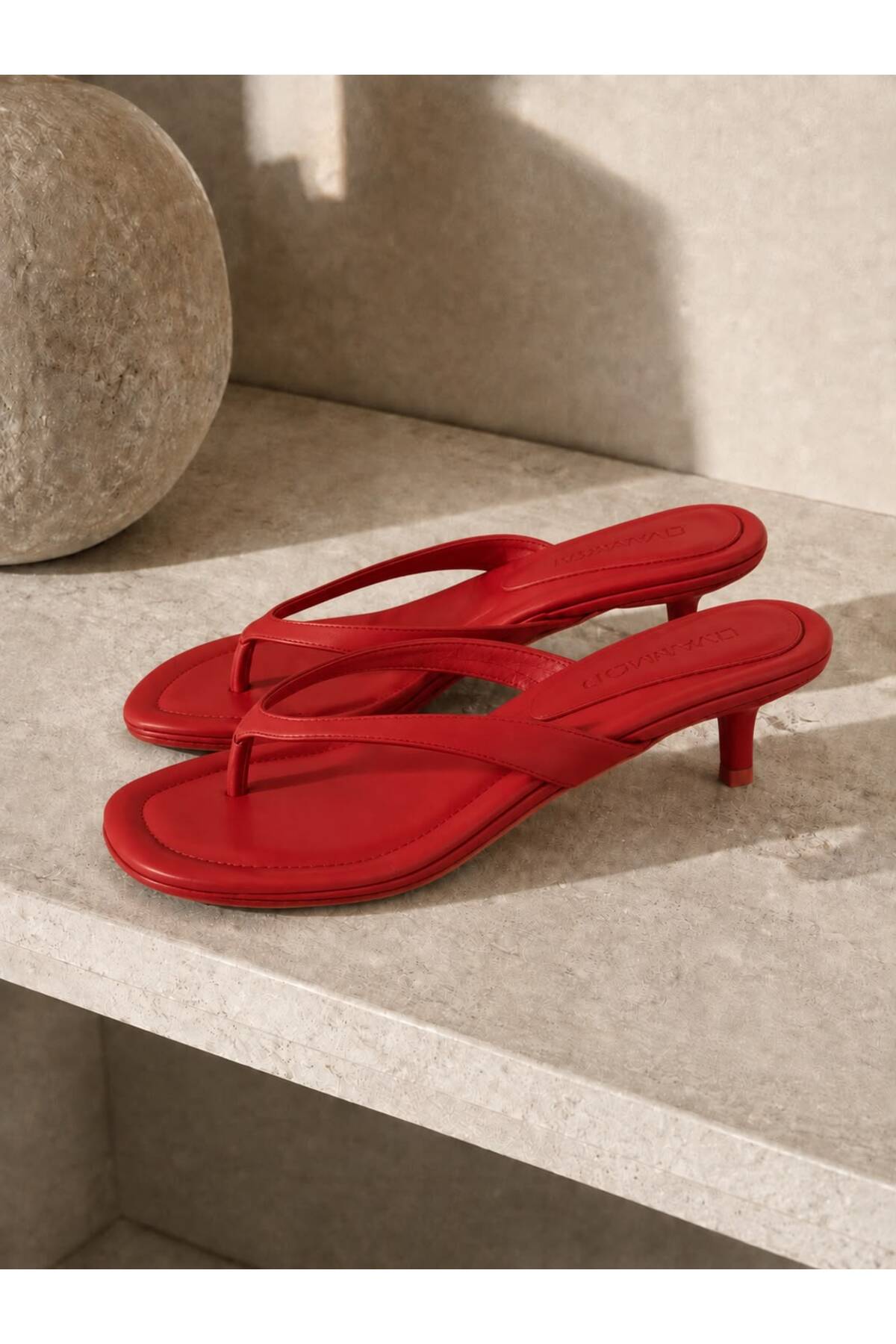 İncimoda Red Leather Flip-Flop Heeled Slippers Orthopedic Women's Sandals 5cm Heel