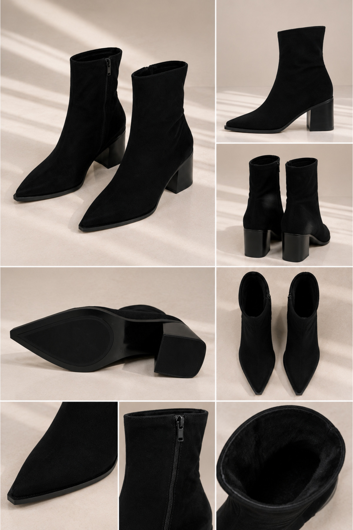 Best Cover ELENA Kadın Siyah Süet Sivri Küt Kesim Burun Fermuarlı 7,5 Cm Kalın Topuklu Bot Bootie görsel 6
