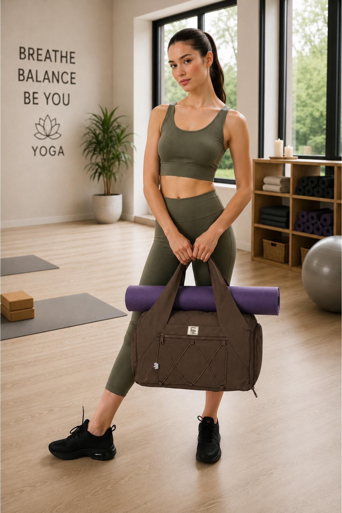 ICONE BAG Unisex Spor ve Yoga Çantası, Çok Cepli, Ayakkabı Bölmeli, Lastik Detaylı, Fermuarlı Ön Cep, Kahverengi Spor Çanta görsel 4