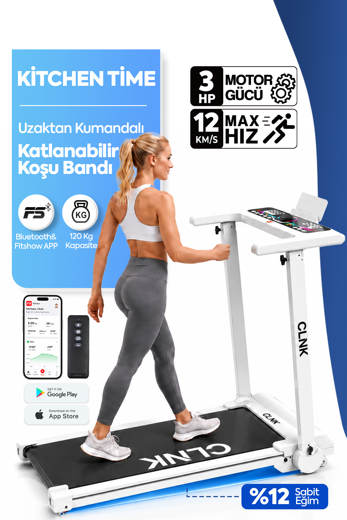 Kitchen Time %12 Eğim Premium Fitness Bluetoothlu Uygulamalı Uzaktan Kumandalı Koşu Bandı Yürüyüş Bandı