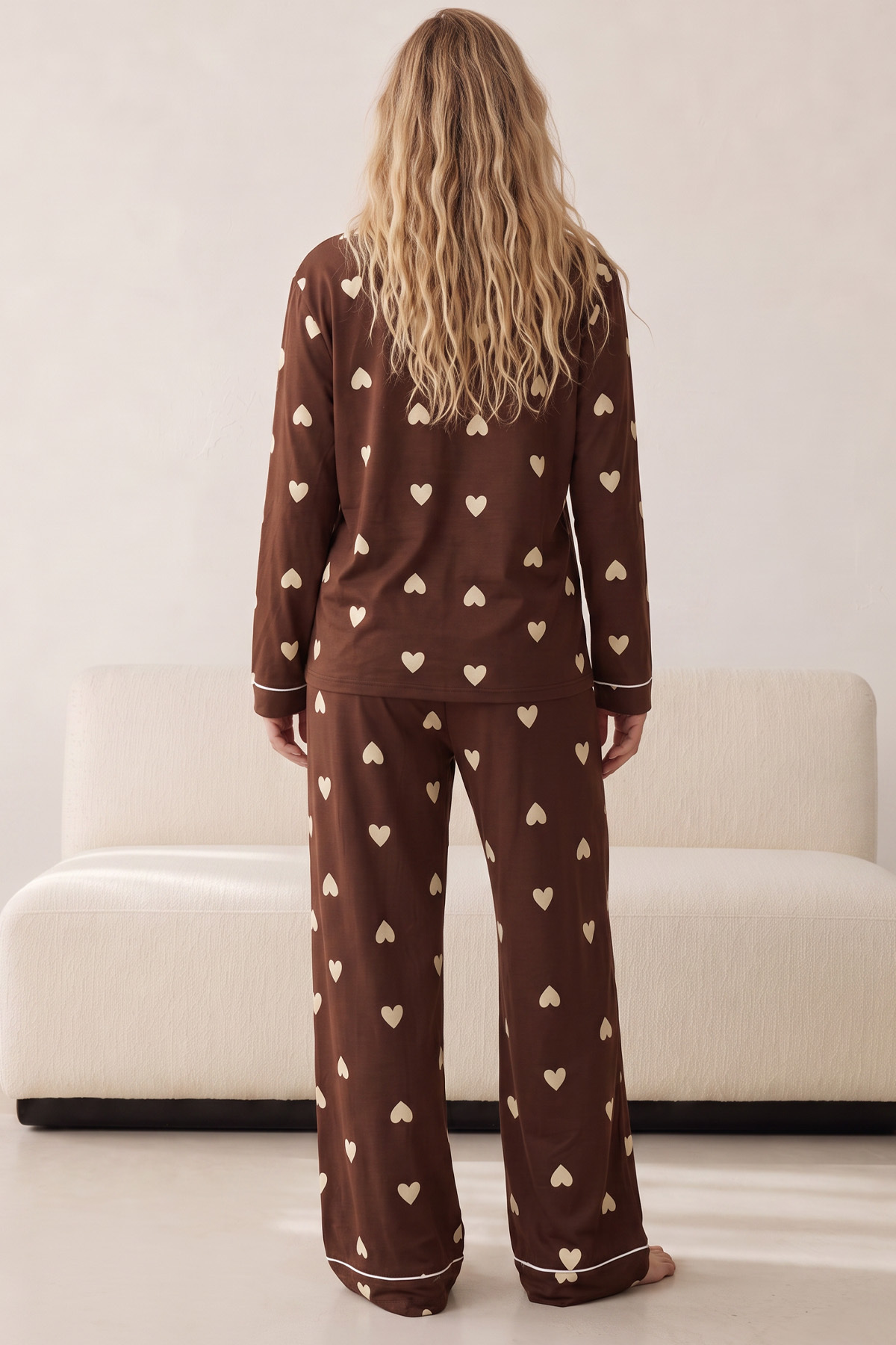 Siyah İnci kahverengi kalp desenli Düğmeli Biyeli Oversize Pamuklu Örme Pijama Takım 8071 görsel 3