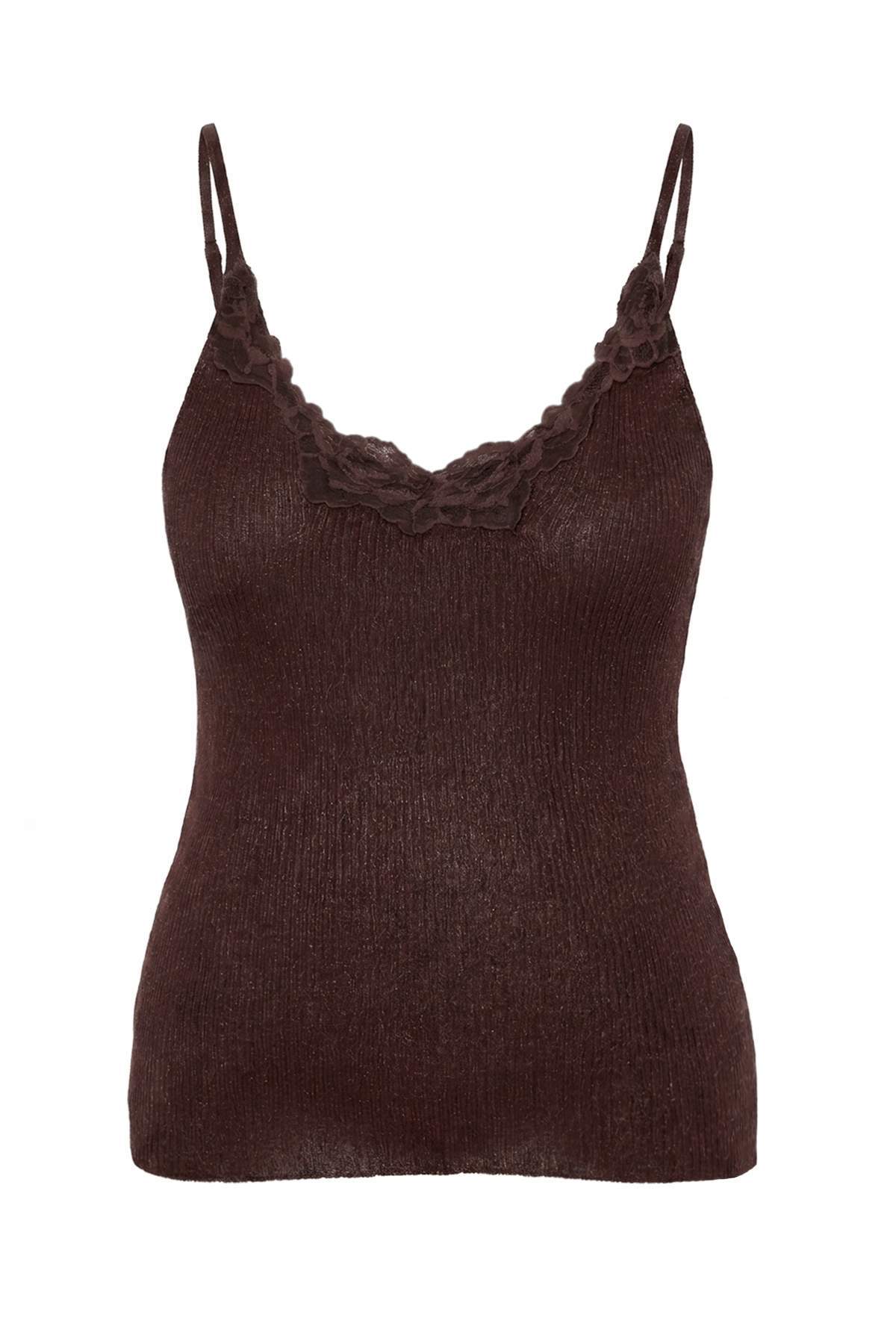 Trendyolmilla Curve Kahverengi Özel İplik Dantel Detaylı Yazlık 2'li Triko Bluz-Hırka TBBSS26AV00003
