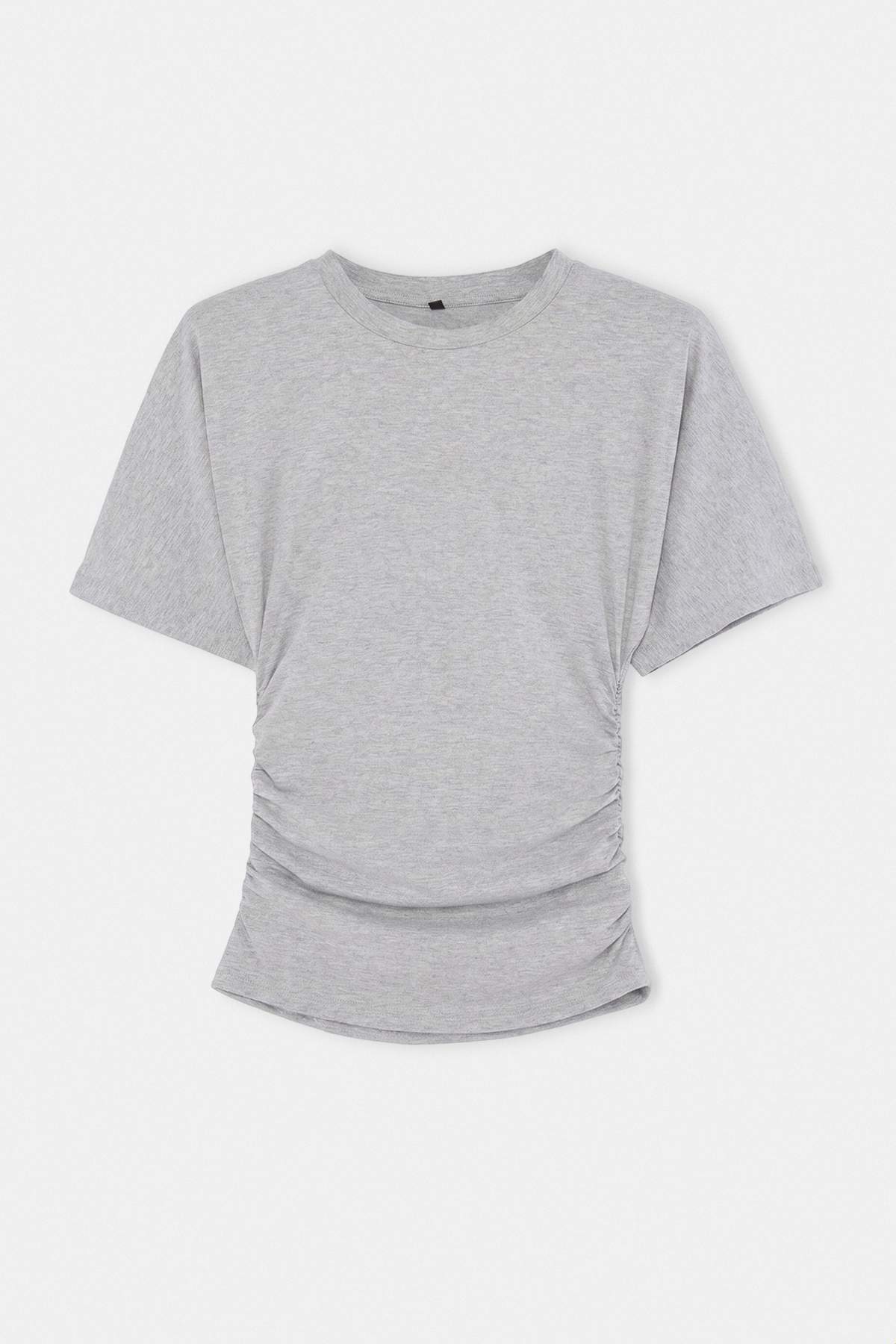 Trendyolmilla Gri Melanj Düz Fitted Bisiklet Yaka Truvakar Kol Büzgülü Pamuklu Esnek Örme T-Shirt TWOSS26TS00052