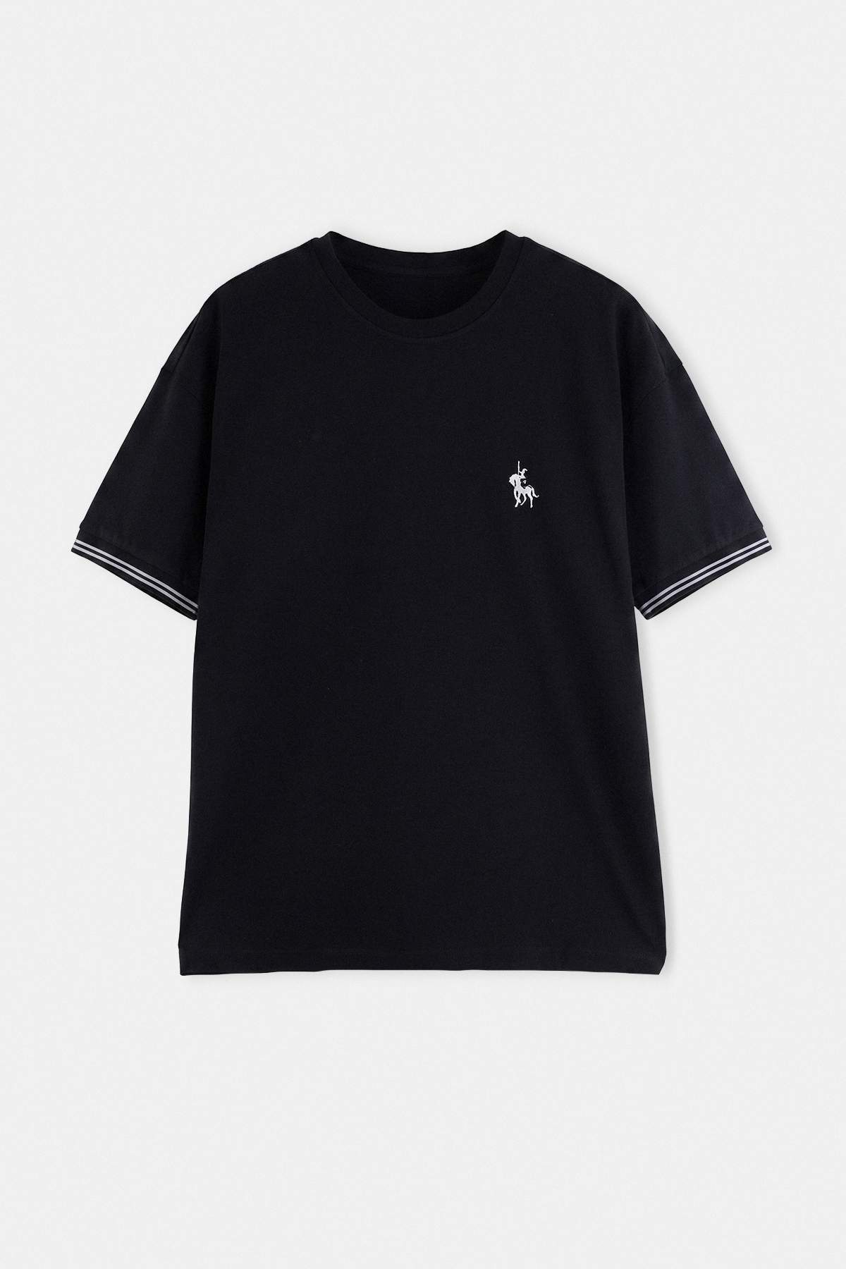 Trendyolmilla Man Siyah Oversize/Geniş Kesim At Nakışlı Triko Bant Detaylı Dokulu T-Shirt TMNSS25TS00019