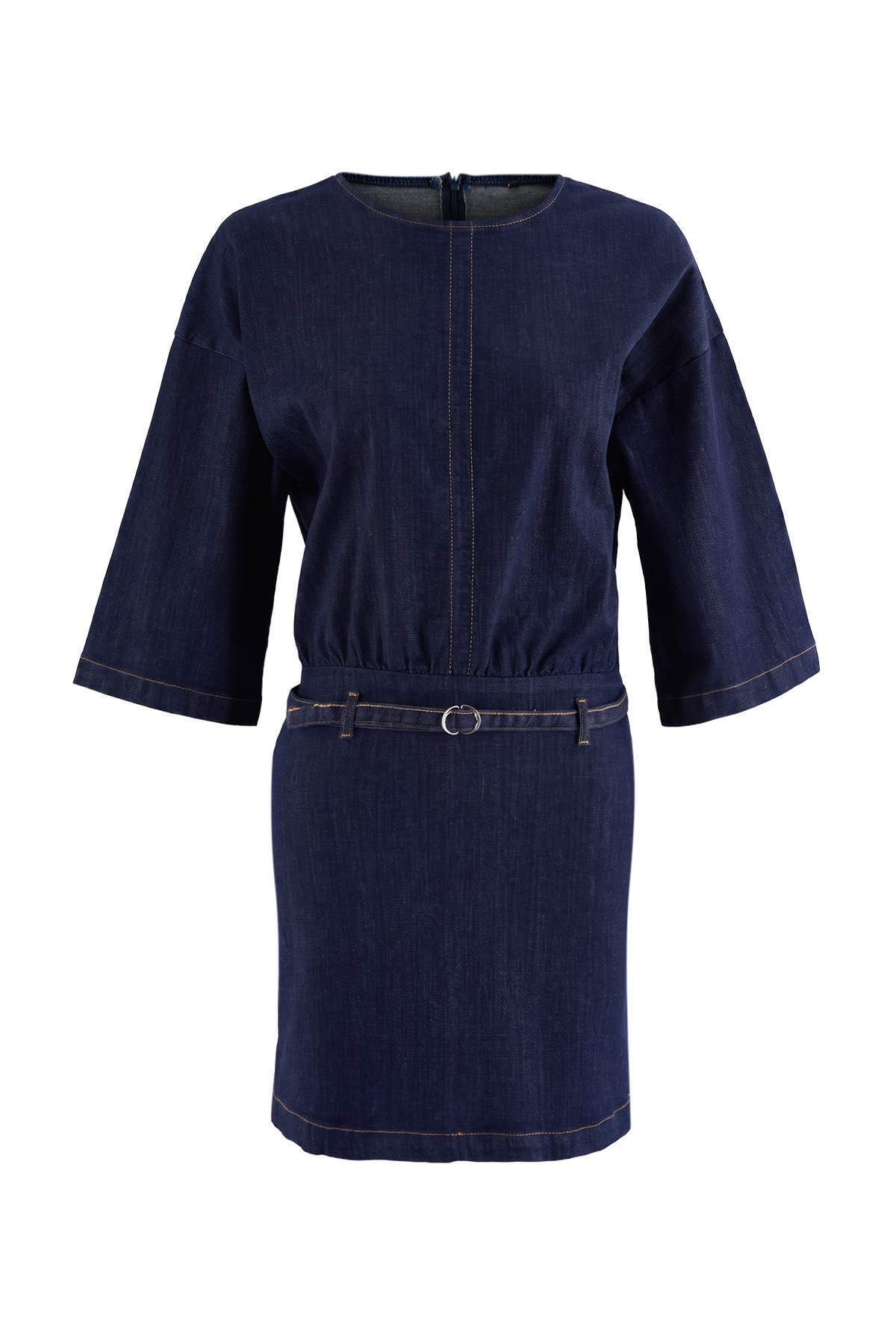 Trendyolmilla Koyu Mavi Kemer Detaylı Mini Denim Elbise TWOAW27EL00062