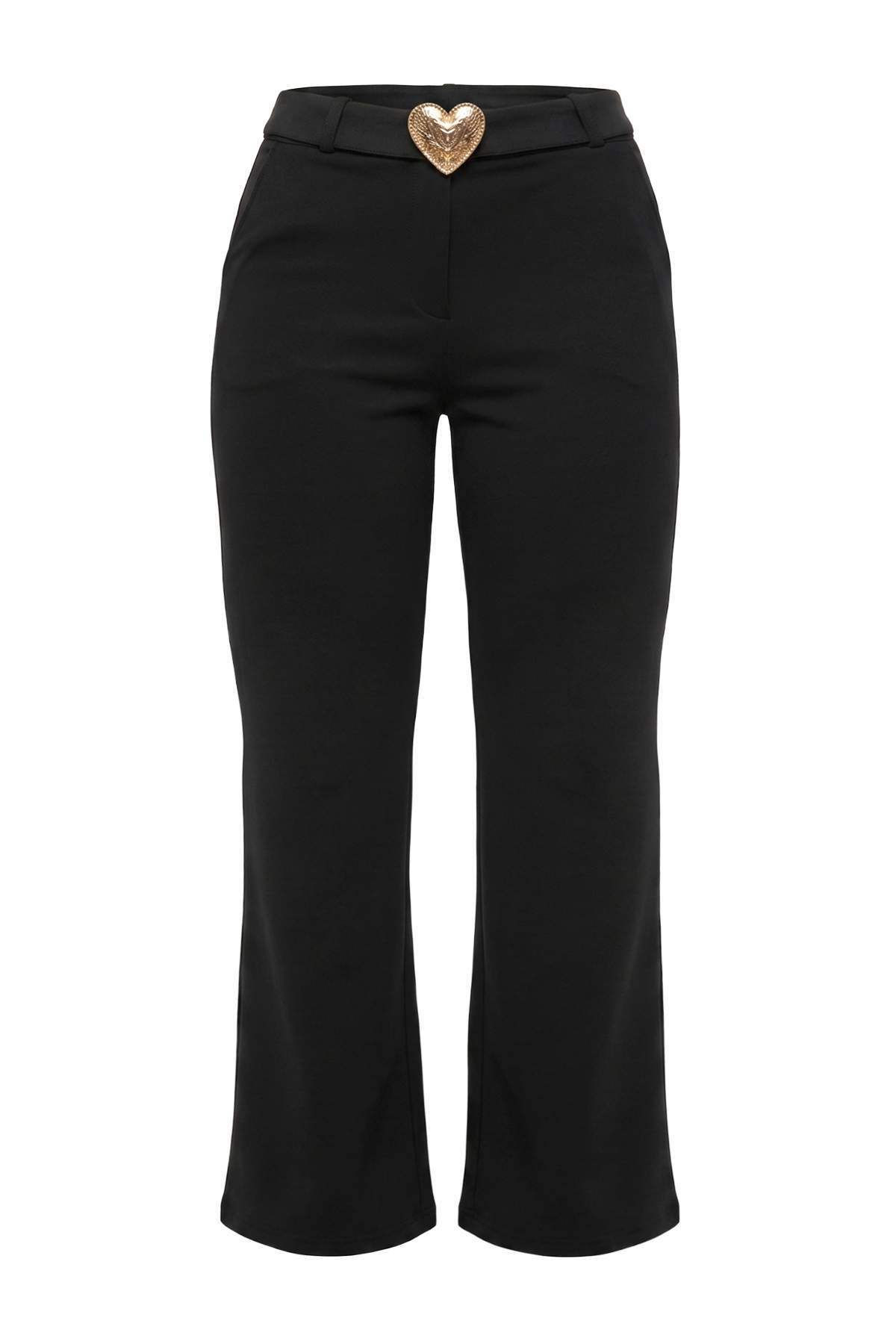 Trendyolmilla Curve Siyah Kalp Tokalı Lastik Kemer Detaylı Örme Büyük Beden Pantolon TBBAW27AR00005