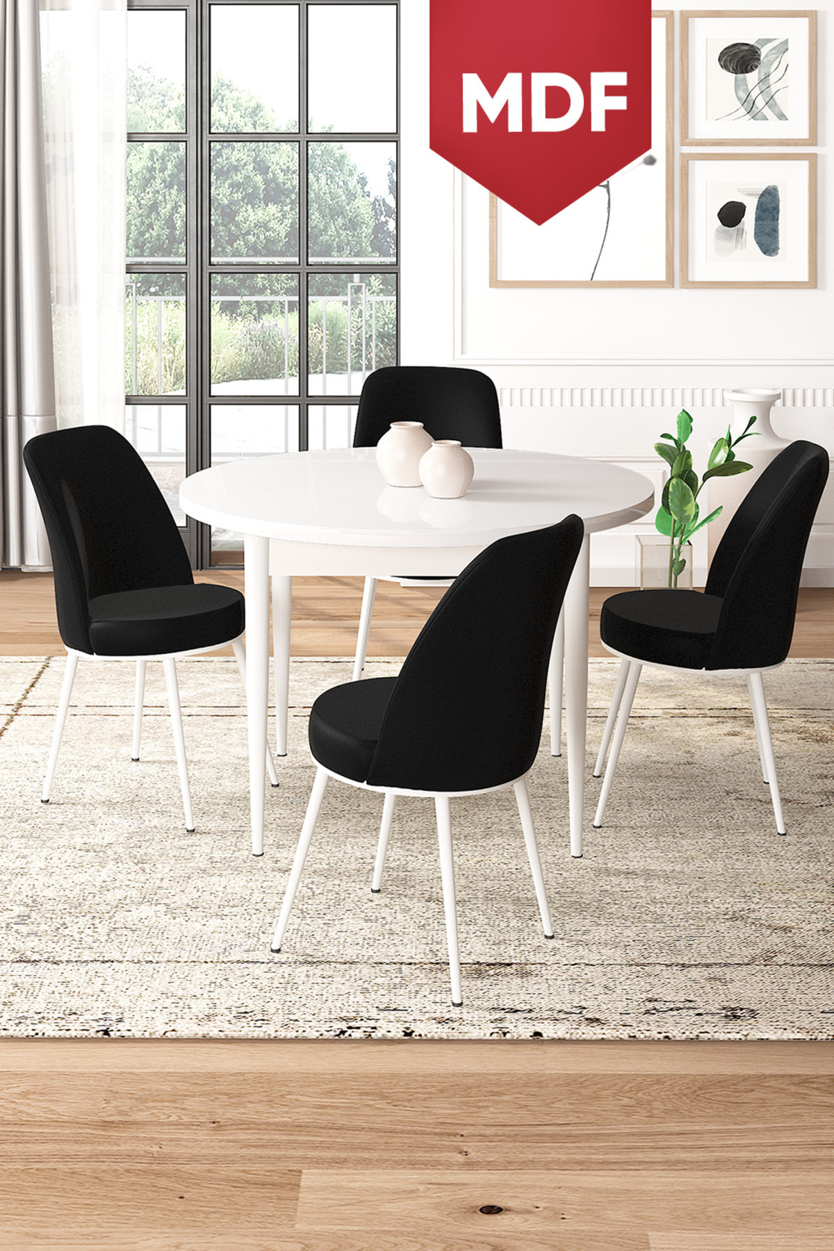 Tor Series MDF 90x90 Round Fixed White Table Set and 4 Black Chairs