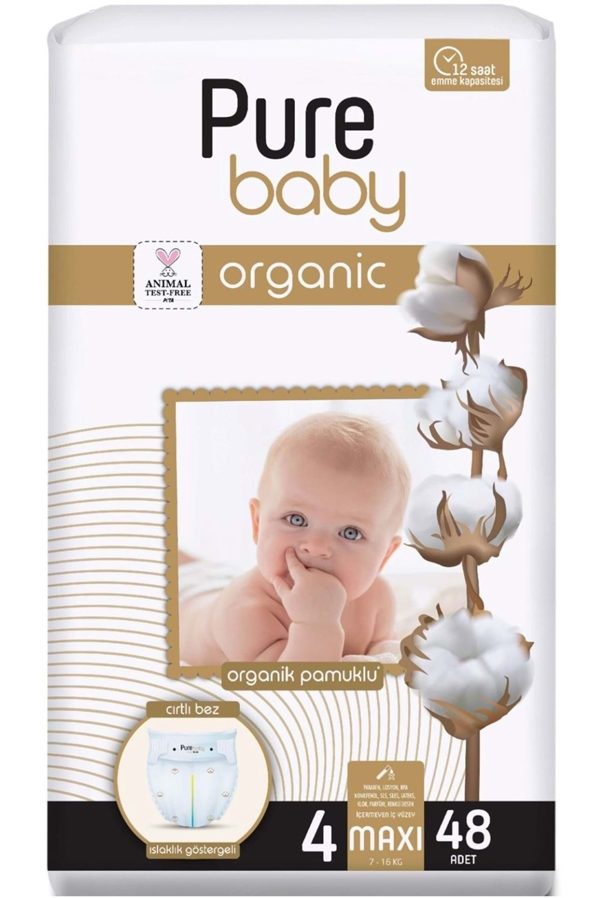 Pure Baby Organik Bebek Bezi 4 Beden 7-16 KG Maxi 48 Adet Fırsat Pk