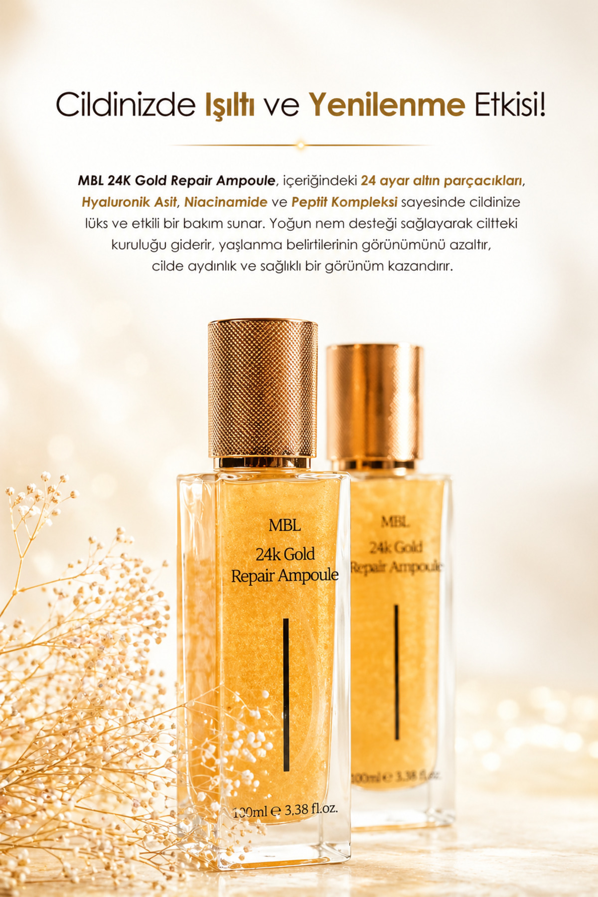 آمپول ترمیم کننده طلای 24 عیار MBL - سرم ترمیم کننده طلای 24 عیار حاوی طلا و هیالورونیک اسید 100 میلی لیتر — 8809717600679 — تصویر 4 از 5