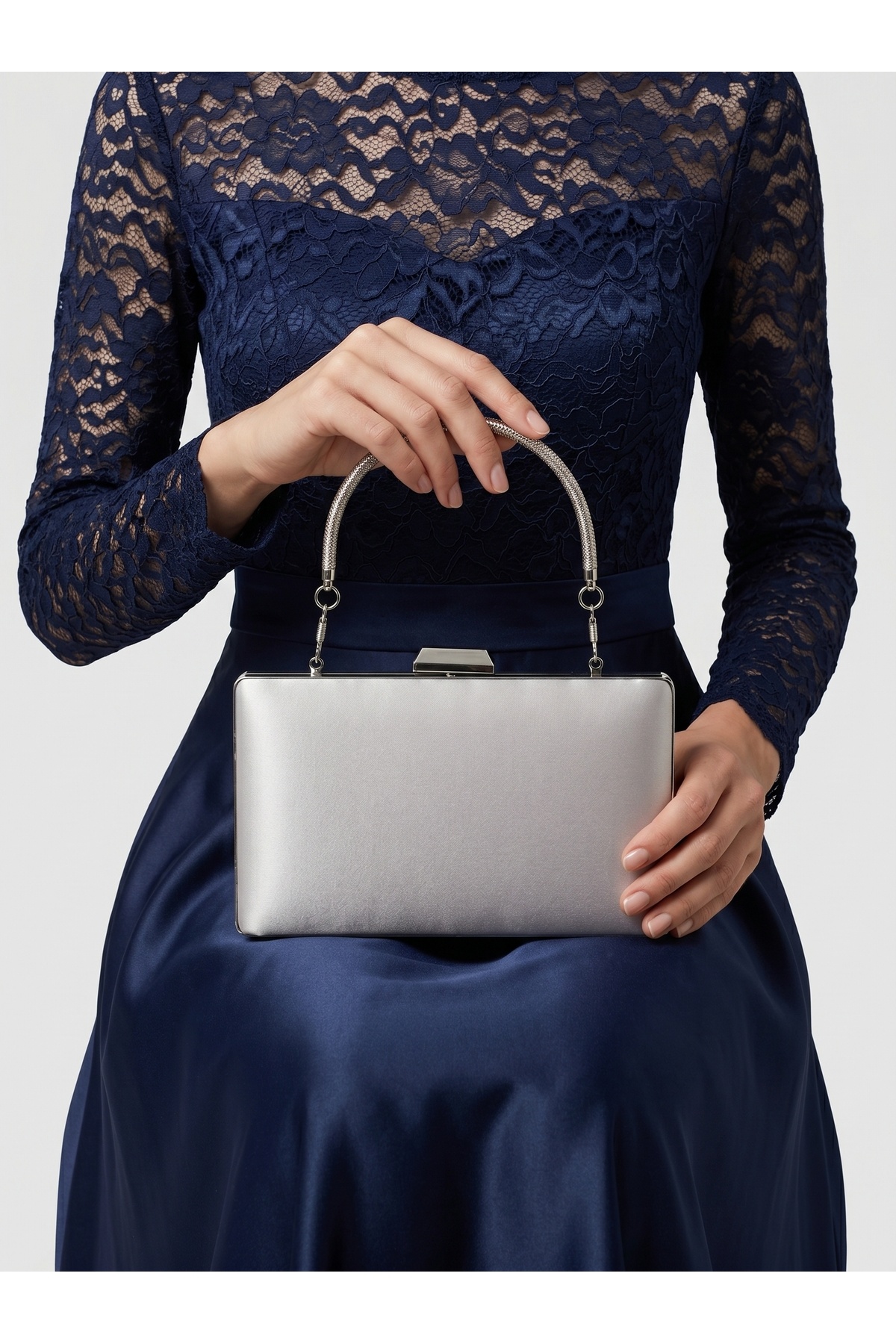Silver Grey Color Satin Evening Bag with Silver Case Evening Bag Engagement Wedding Bag Handbag