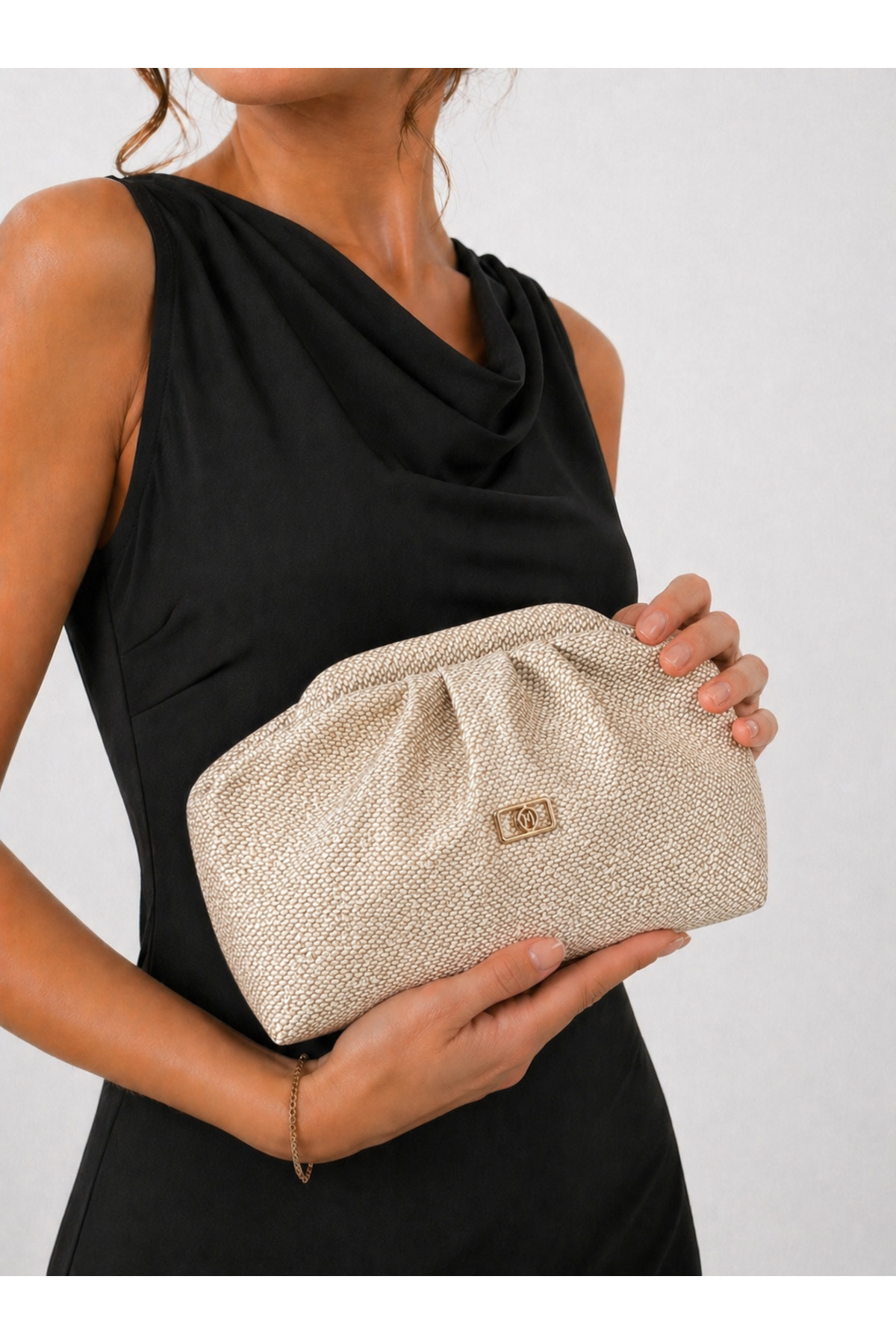 Beige Faux Leather Clutch Casual and Evening Bag with Straw Look
