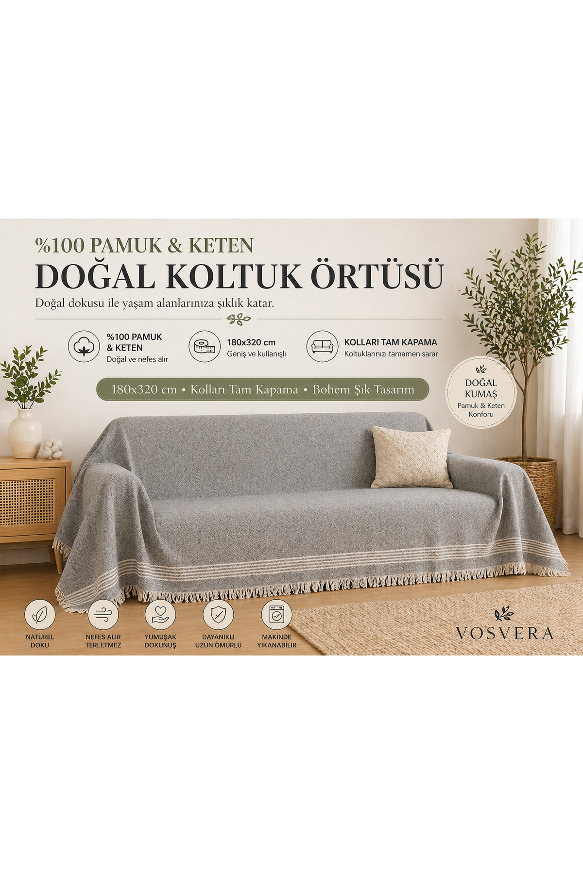 vosvera Κάλυμμα καναπέ από 100% βαμβακερό λινό 180x320 Κάλυμμα καναπέ-κρεβάτι...