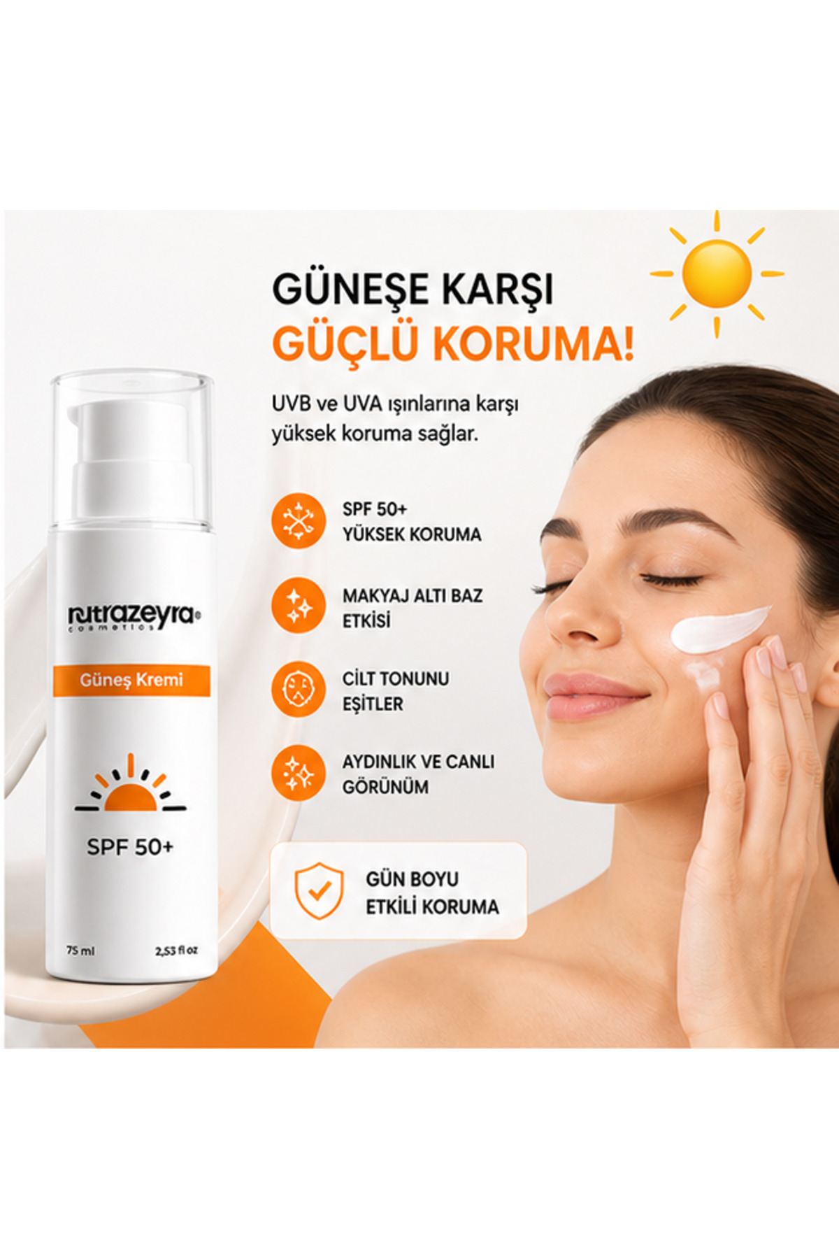 SPF 50+ Güneş Kremi 75 ml UVA UVB Koruma Aydınlatıcı & Ton Eşitleyici Güneş Koruyucu — TYCAENCUAN171052057253661 — تصویر 3 از 5