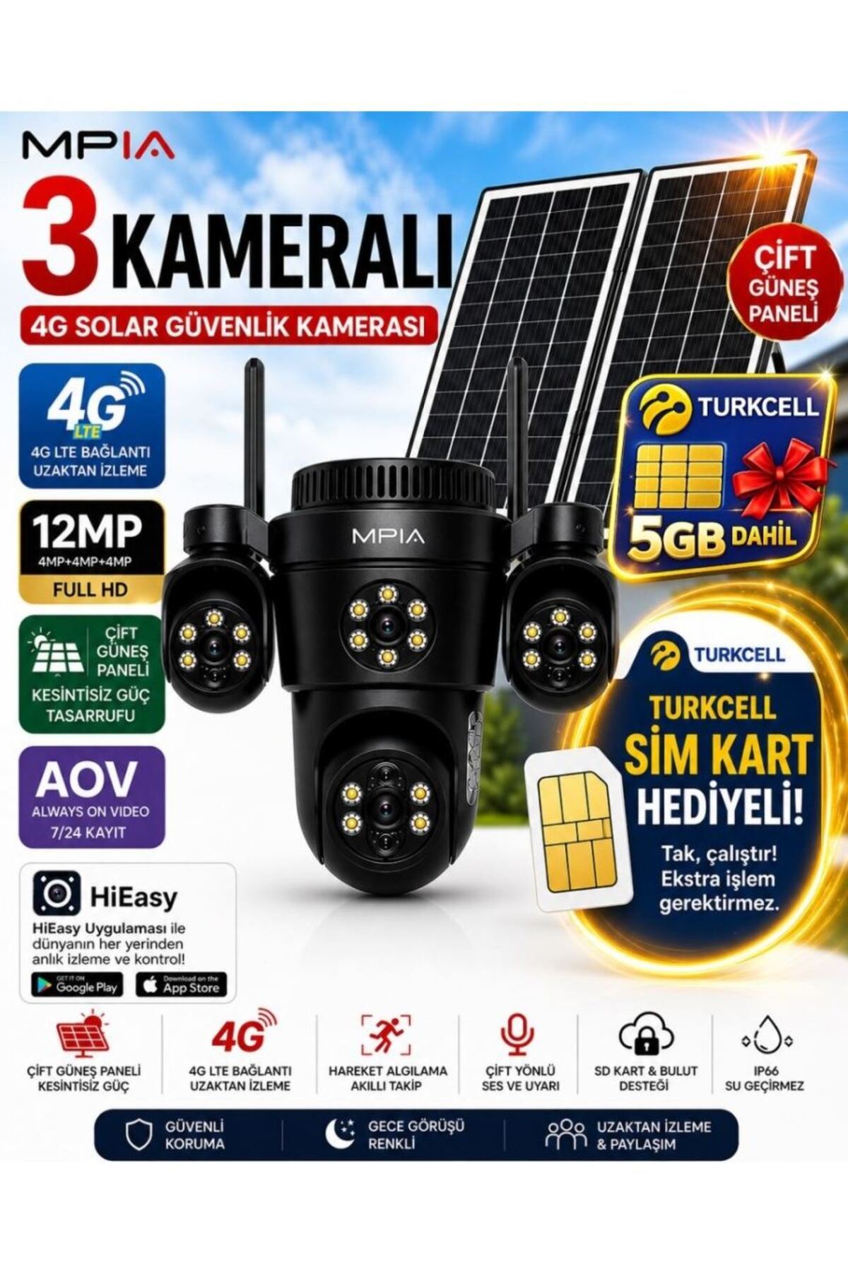 MPIA KOTO 12MP 3 Lens 4G Çift Solar Panel HiEasy AOV (Sürekli