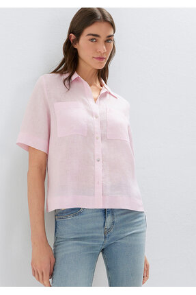 Mavi Cepli Pembe Keten Gömlek Slim Fit / Dar Kesim 1211466-90773