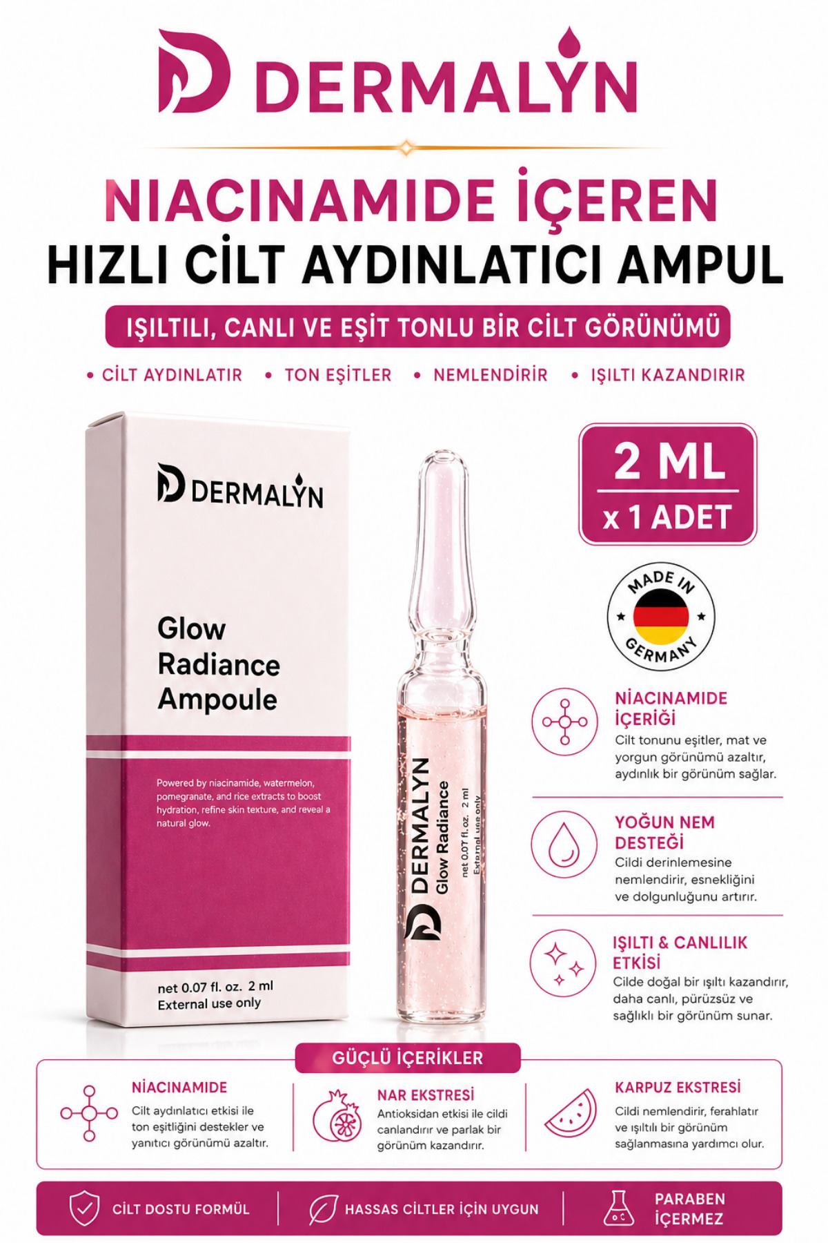 1 Adet Niacinamide İçeren Hızlı Cilt Aydınlatıcı Glow Etkili Nemlendirici Ampul Serum Dermaroller — GLOW-1