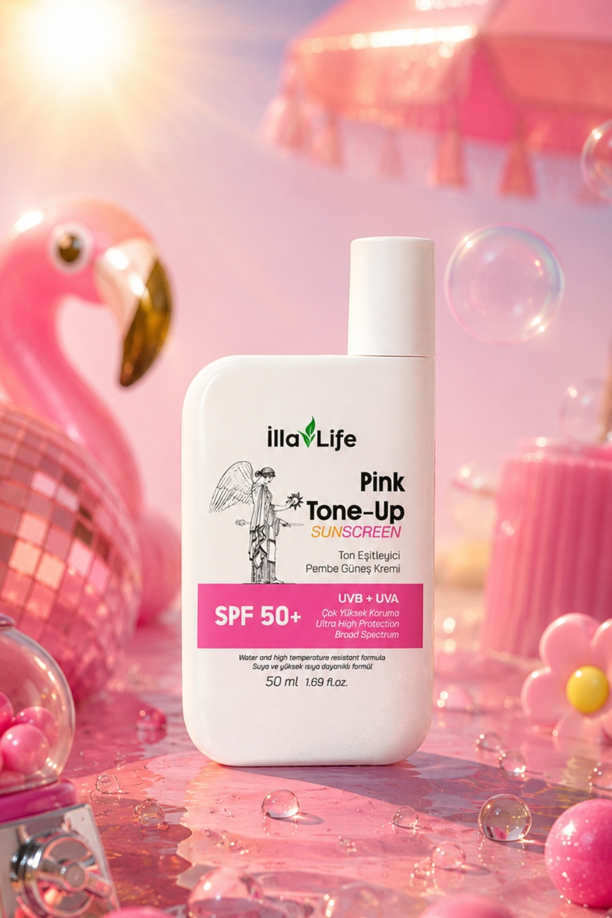 Sakız Kokulu Pink Tone Up SPF50+ Ton Eşitleyici Aydınlatıcı Pembe Renkli Leke Karşıtı Kolajenli Nemlendirici Makyaj Bazı Beyaz İz Bırakmayan Yağlandırmayan Suya Dayanıklı Yüz Güneş Kremi 50 ml — Faktör İçin Koruma ve Koruyucu SUN Pembe — تصویر 7 از 8