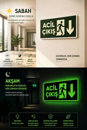 Korkmaz Design Levha Acil Çıkış Aşağı Yön Tabelası 12x25 cm Fotolümenli – Kar...