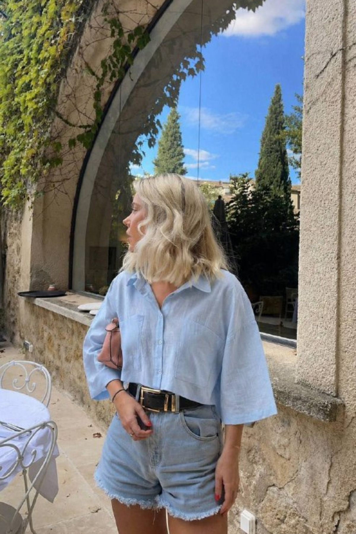 Blue-Flax Blended Crop Shirt