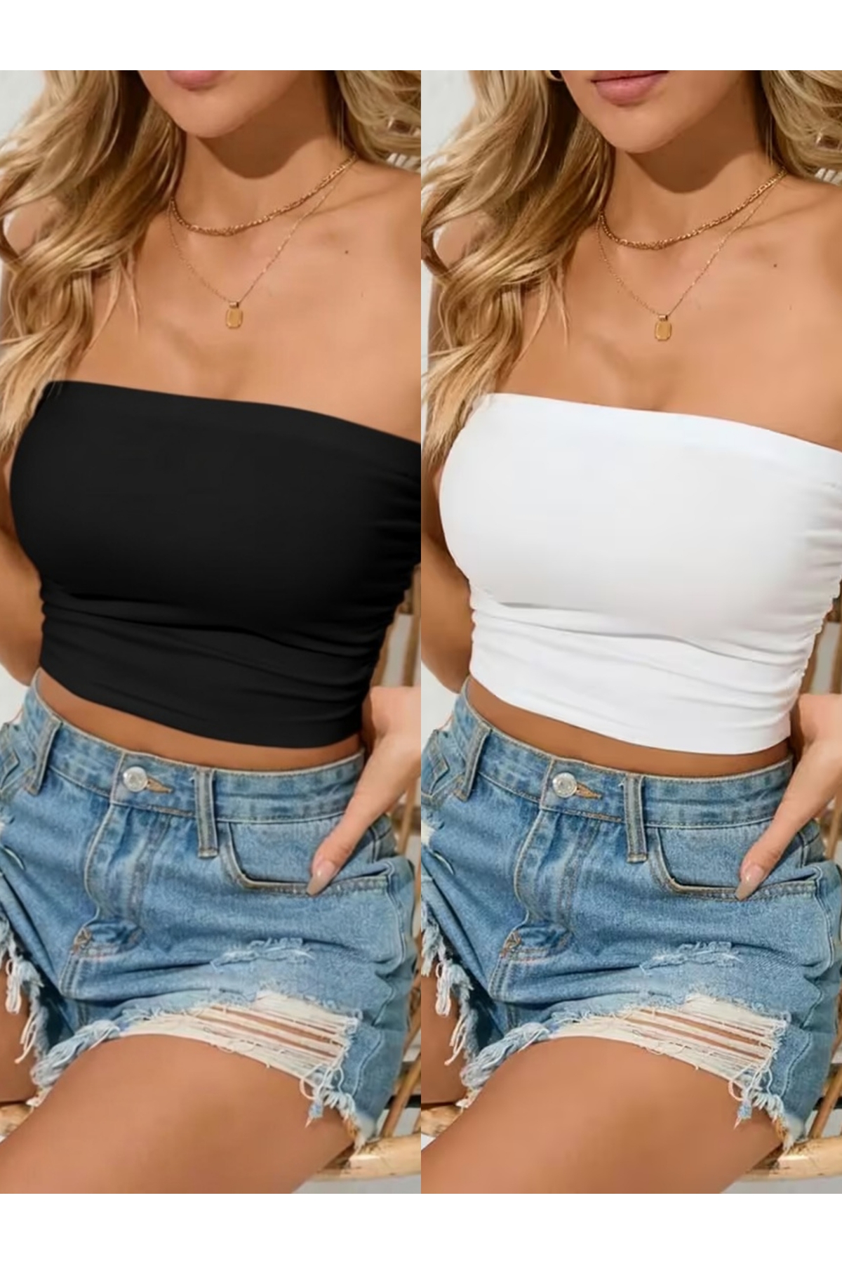Olyssia Premium - Ženski 2-paket crno-beli bezramčani crop top - rastegljiva ...