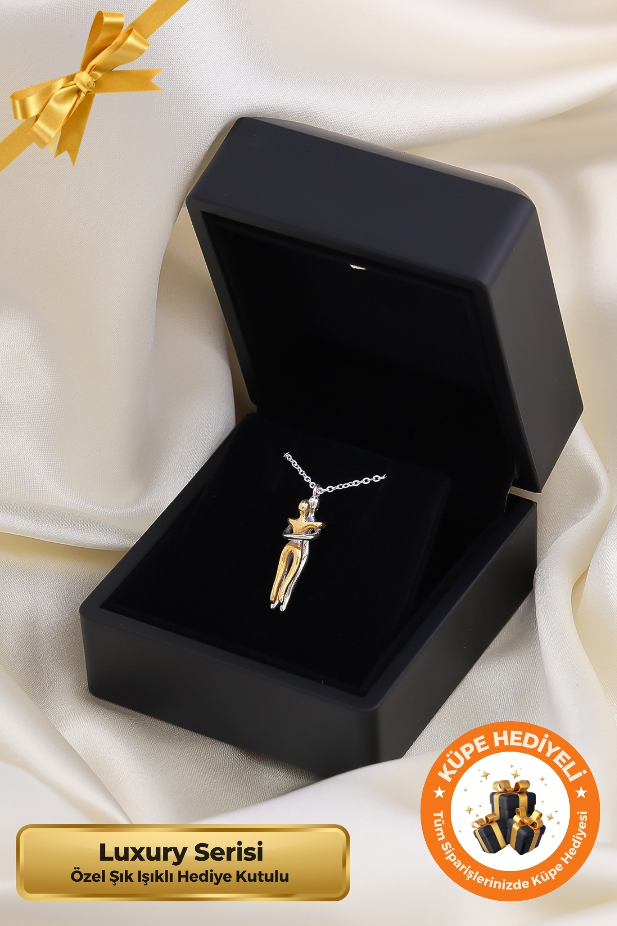 Lucente Jewellery Işıklı Hediye Kutulu 925 Ayar Luxury Serisi Birbirine Sarılan Çift Sevgili Kolyesi Gümüş Özel Gün Hediyesi 45 Cm Zincirli Sonsuz Aşk Güven Bağlılık ve Sadakat Simgesi Küpe Hediyeli Şık Kadın Kolye
