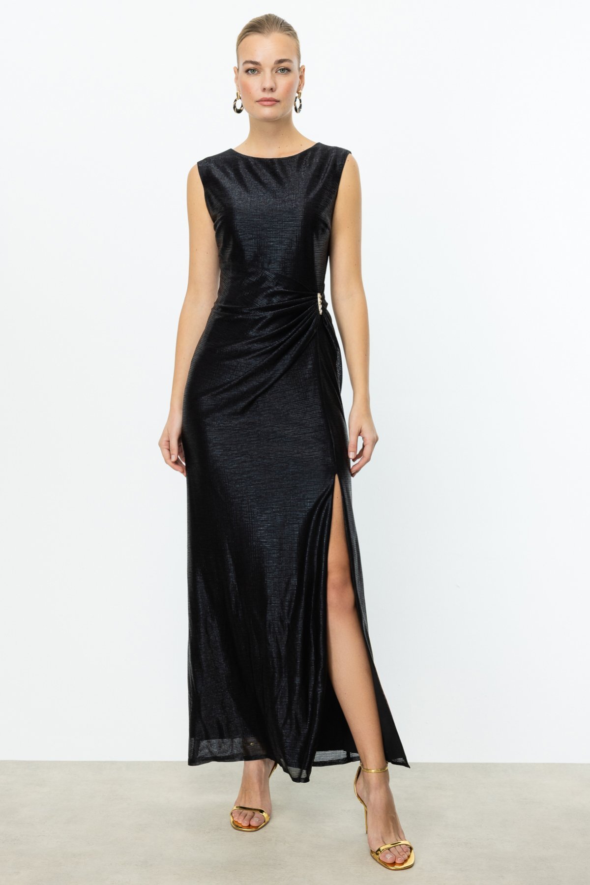 Shiny Fabric Maxi Size Evening Dress Black
