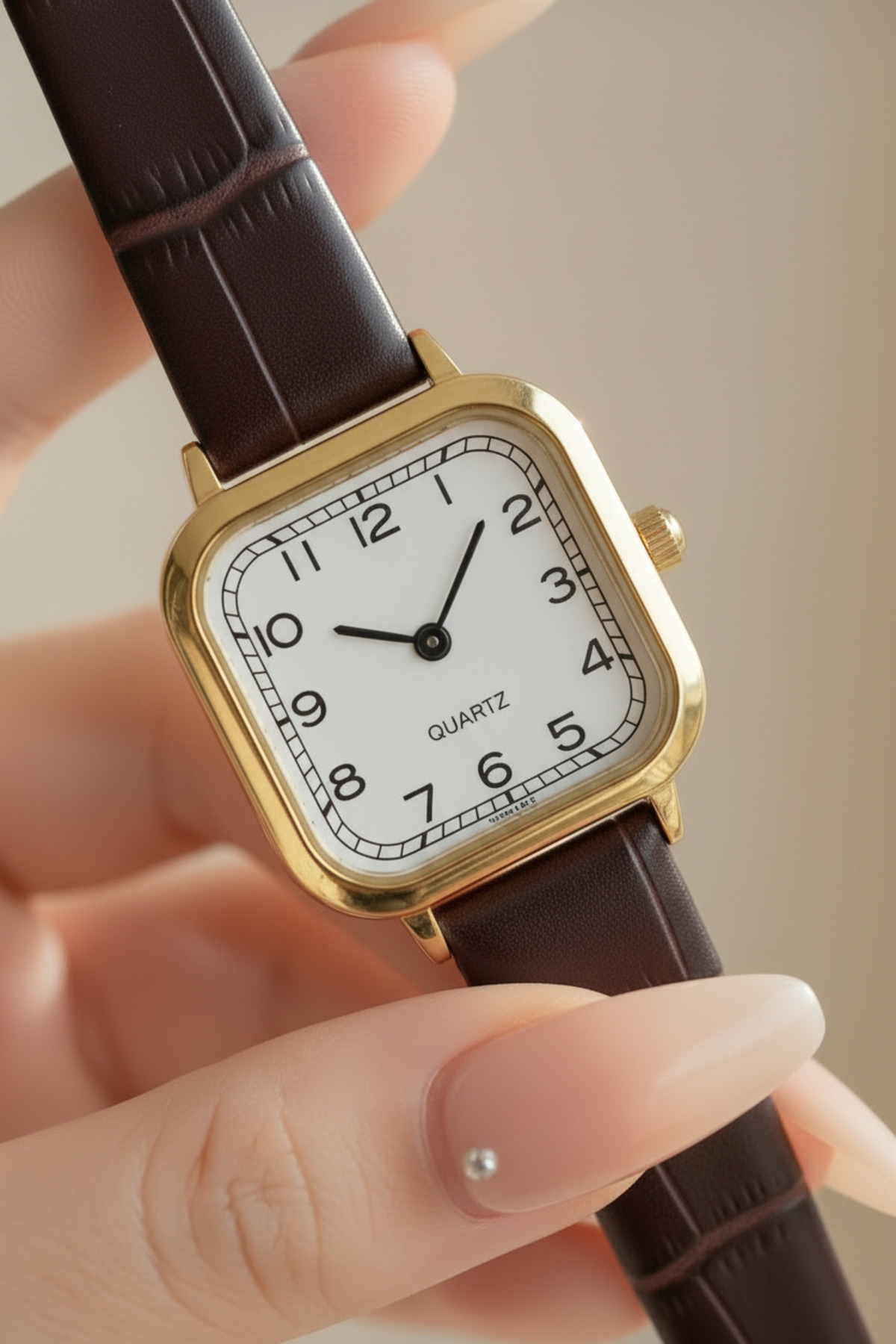 Women's Square Rectangle Brown Leather Band Minimal Vintage New Season Gold Wristwatch