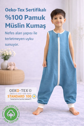 RUKİYE YAVUZ Pamuk Pazen Yazlık Kolsuz Müslin Bebek Çocuk Uyku Tulumu %100 Pa...
