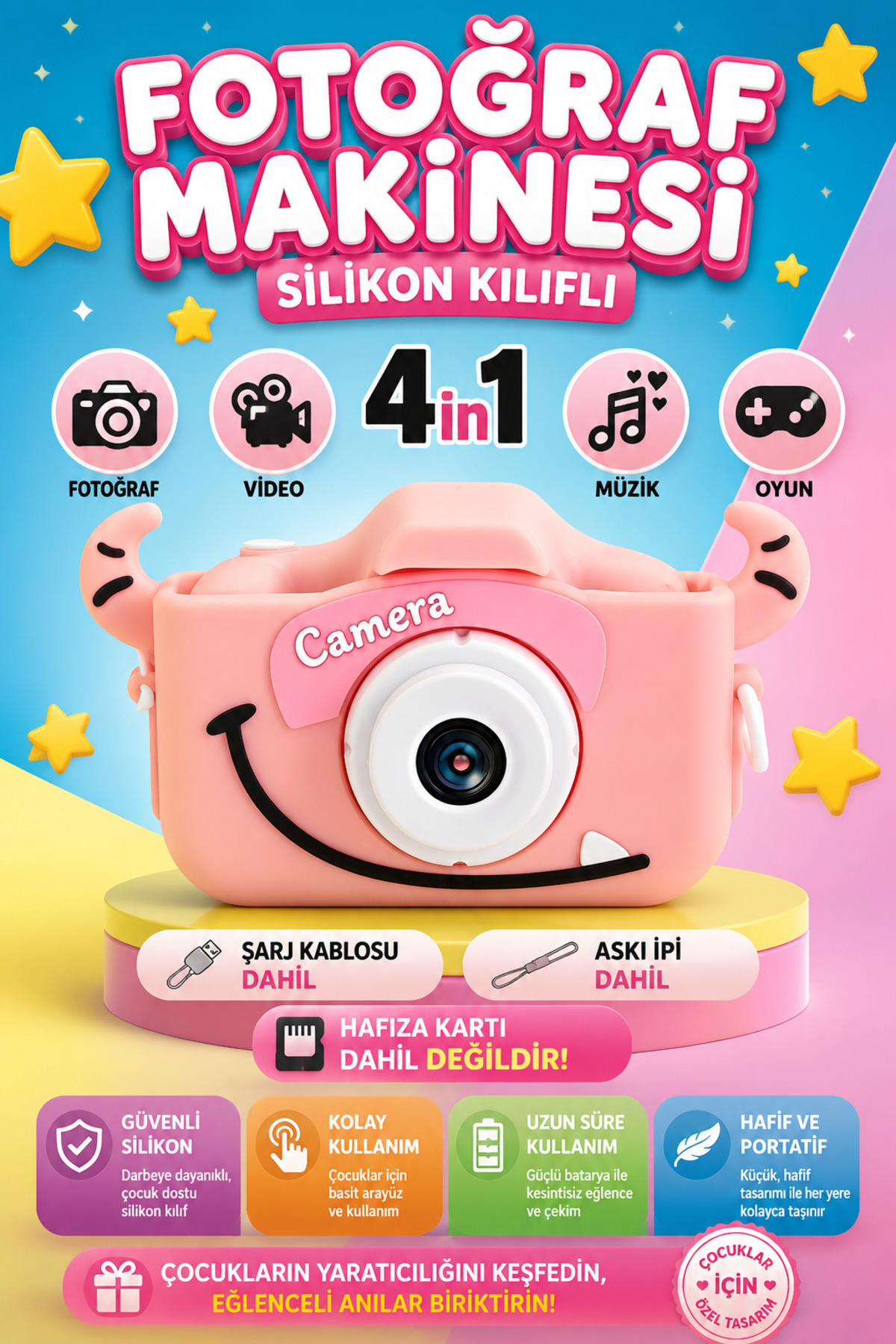 İTHALCİM Mini 1080p Hd Kamera Silikon Korumalı Unicorn Kılıflı Çocuklar Için Dijital Fotoğraf Makinesi