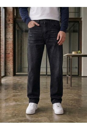 Ser Joven Erkek Siyah Taşlamalı Baggy Fit Geniş Kesim Jean Pantolon