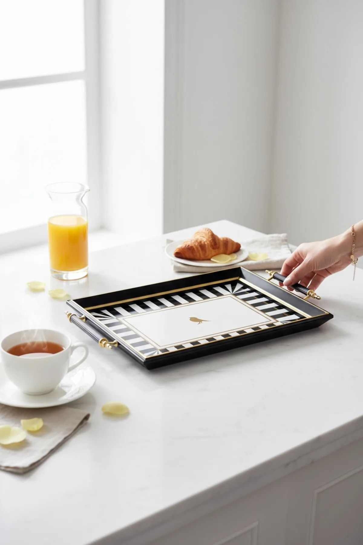 Kuşlu Kulplu Siyah Birdie Tepsi Sunum Seti – Lüks ve Dekoratif Servis Aksesuarı