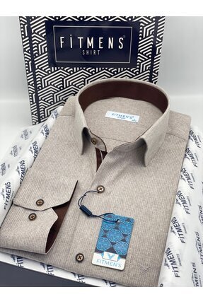 Fitmens Klasik Uzun Kol Keten Cotton Hediye Kutulu Erkek Gömlek FS-001261 - Bej