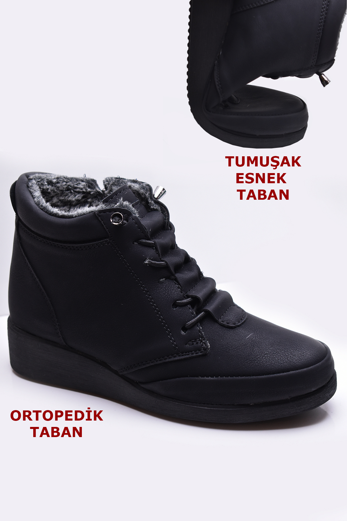 210 Orthopedic Sole Rubber Lace-Up Furry Black Mother Boots Women's Boots