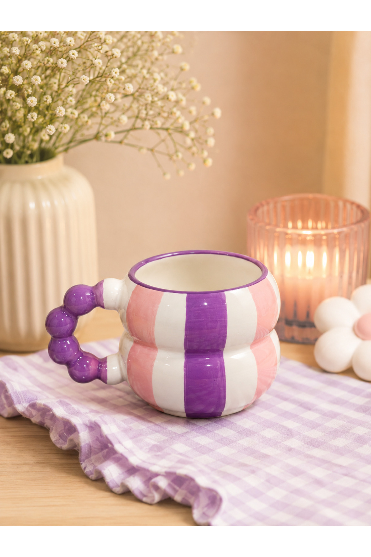 Bead Handle Folded PURPLE-PINK STRIPE PATTERN Fully Handmade Custom Design Ceramic Mug